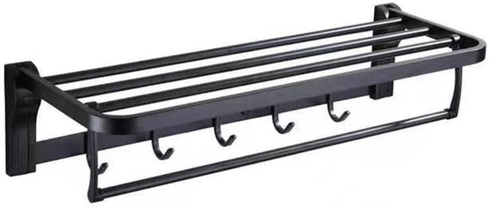 Bathroom Towel Rack Shelf with Hooks Movable Bar 304 Stainless Steel Holder Wall Mount Heavy Duty Accessories (Color : Black, Size : One Size)