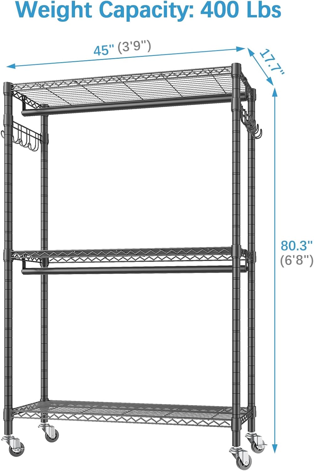 VIPEK R2 Plus Heavy Duty Rolling Garment Rack 3 Tiers Adjustable Wire Shelving Clothes Rack with Double Rods and Side Hooks, Freestanding Wardrobe Storage Rack Metal Clothing Rack, Black