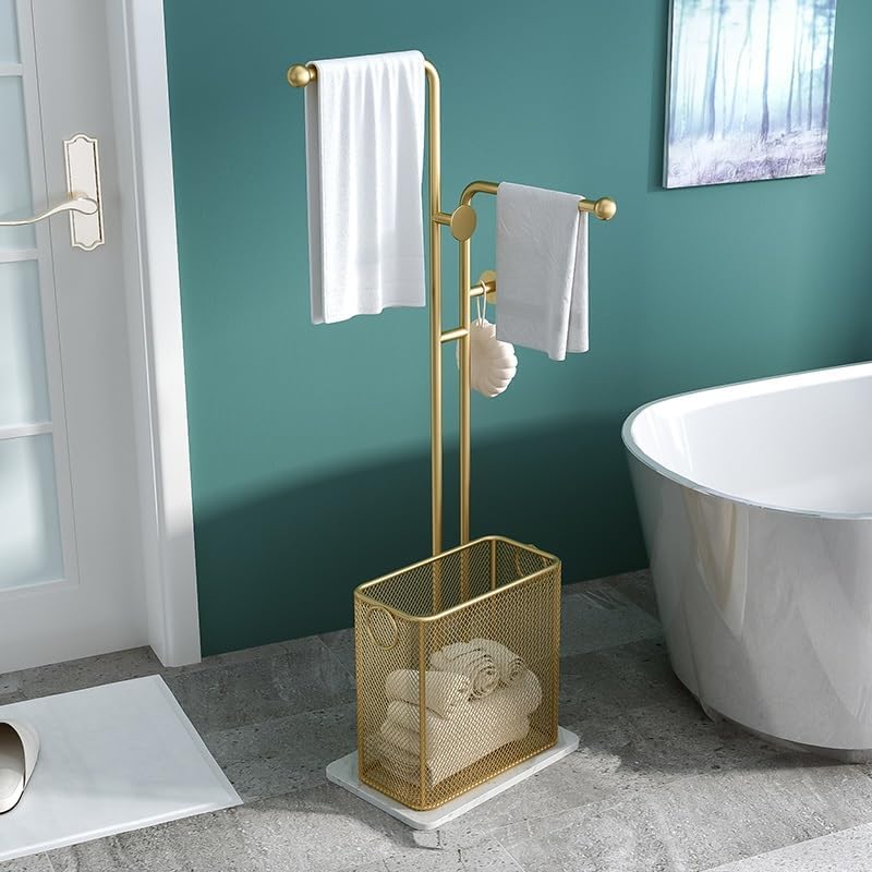 Towel Stand Free Standing Towel Rack Blanket Rack Freestanding Towel Rack Marble Base Metal Towel Stand with Laundry Basket and Hook for Bathroom Quilt Rack Towel Ladder