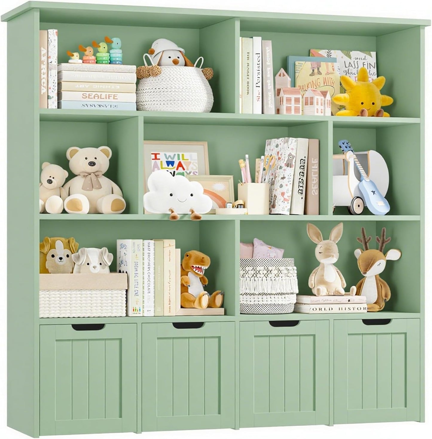 FINETONES Toy Storage Organizer, Kids Bookshelf with 4 Movable Chests and 7 Storage Cubes, Toy Chest Storage with Hidden Wheels, Toy Organizers and Toy Storage, White