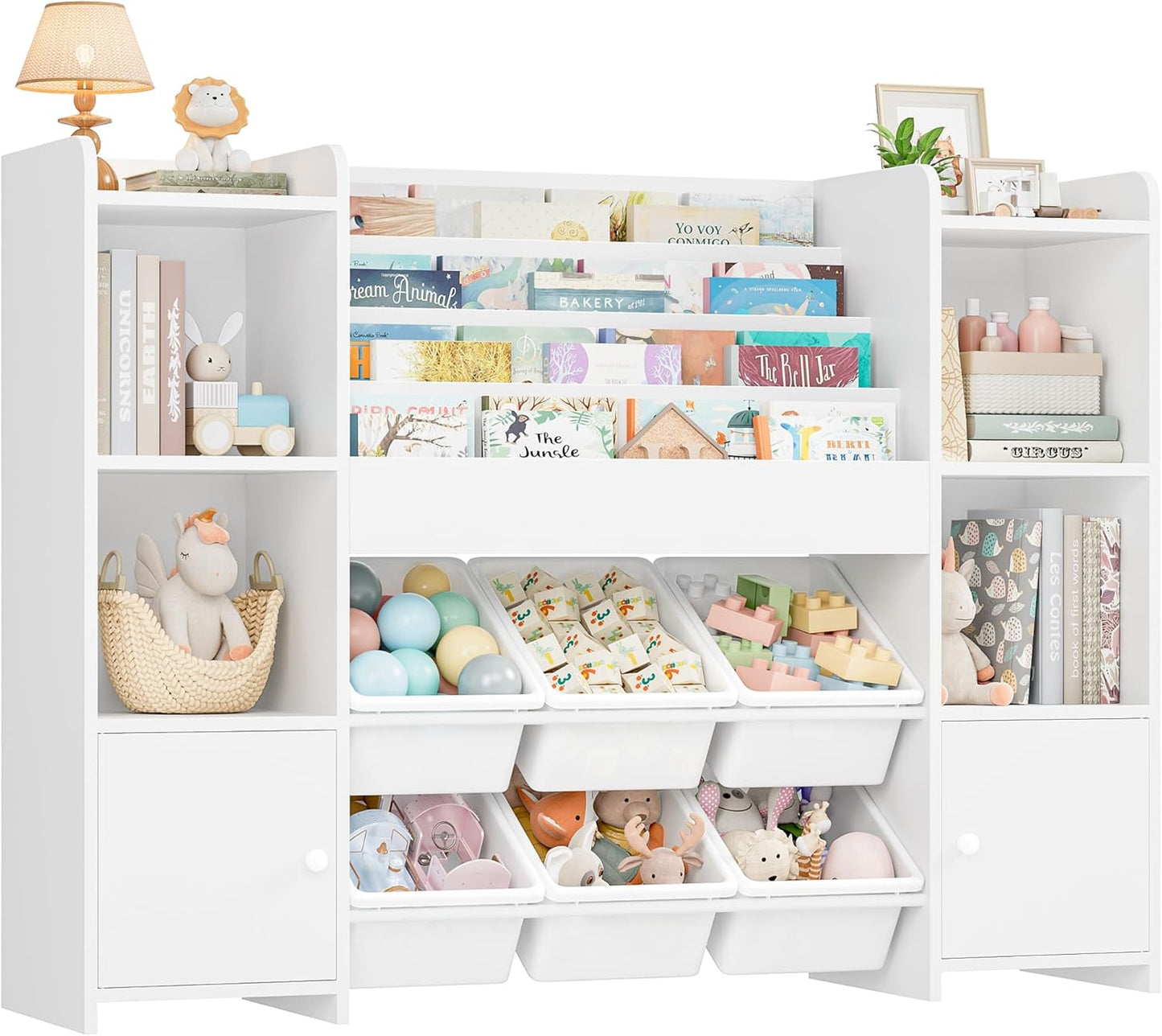 FINETONES Toy Storage Organizer with 6 Toy Bins, Toy Organizer Kids Bookshelf with 6 Cubbies, Toy Organizers and Storage Bins Playroom Storage for Kids Room, White