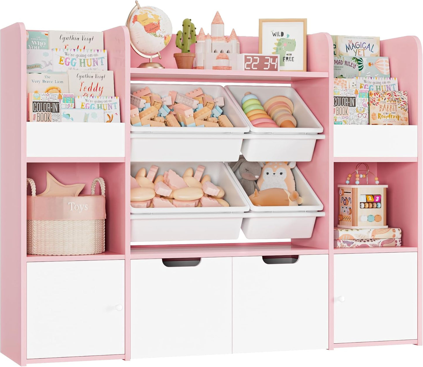 FINETONES 50'' Large Toy Storage Organizer with 4 Toy Bins, 6 Storage Cubbies and 2 Movable Drawers, Bookshelf for Kids, Playroom Organization and Bins, White