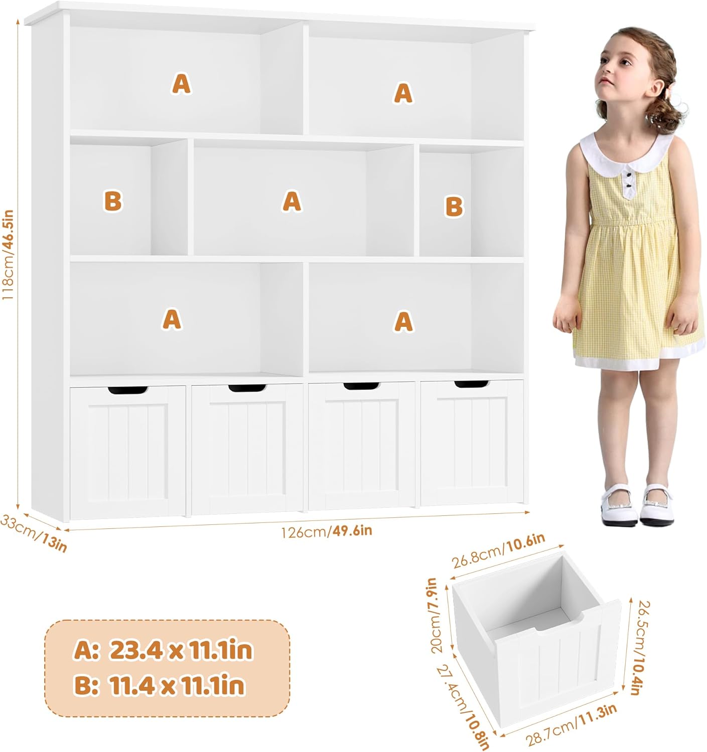 FINETONES Toy Storage Organizer, Kids Bookshelf with 4 Movable Chests and 7 Storage Cubes, Toy Chest Storage with Hidden Wheels, Toy Organizers and Toy Storage, White