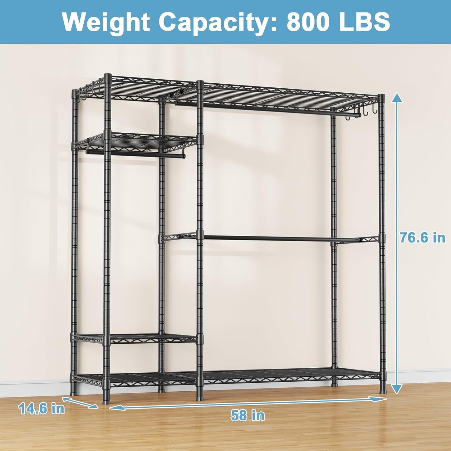 Ulif F7 Garment Rack, Heavy Duty Clothes Rack, Clothing Racks for Hanging Clothes, 6-Tiers Freestanding Portable Closet Storage Rack 58'' W × 14.6'' D × 76.6'' H, Max Load 800 Lbs, Black