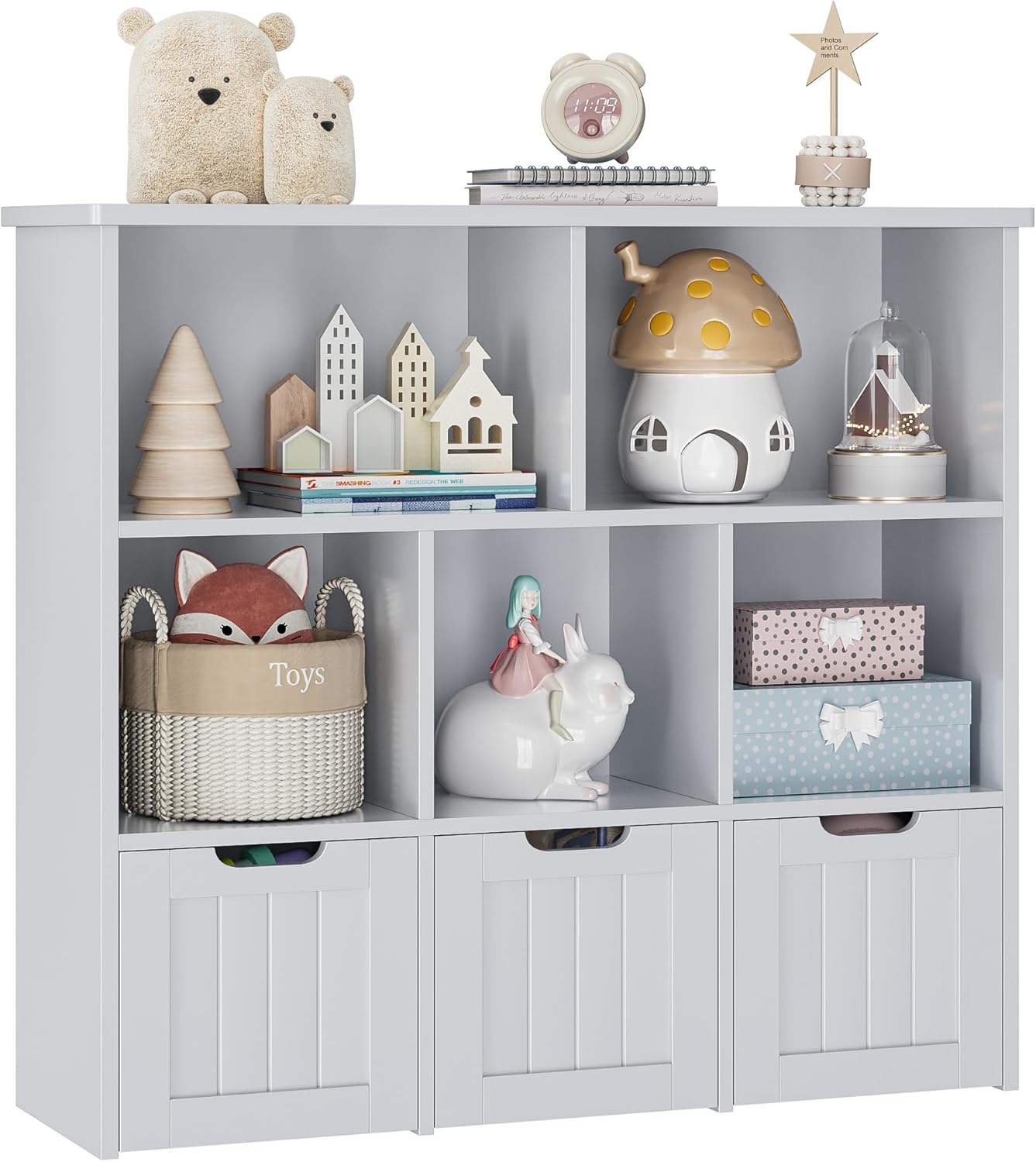 FOTOSOK Toy Storage Organizer with 3 Movable Drawers, Toy Organizer with Hidden Wheels and 5 Open Cubbies, Multifunctional Floor Storage Chest for Playroom, White