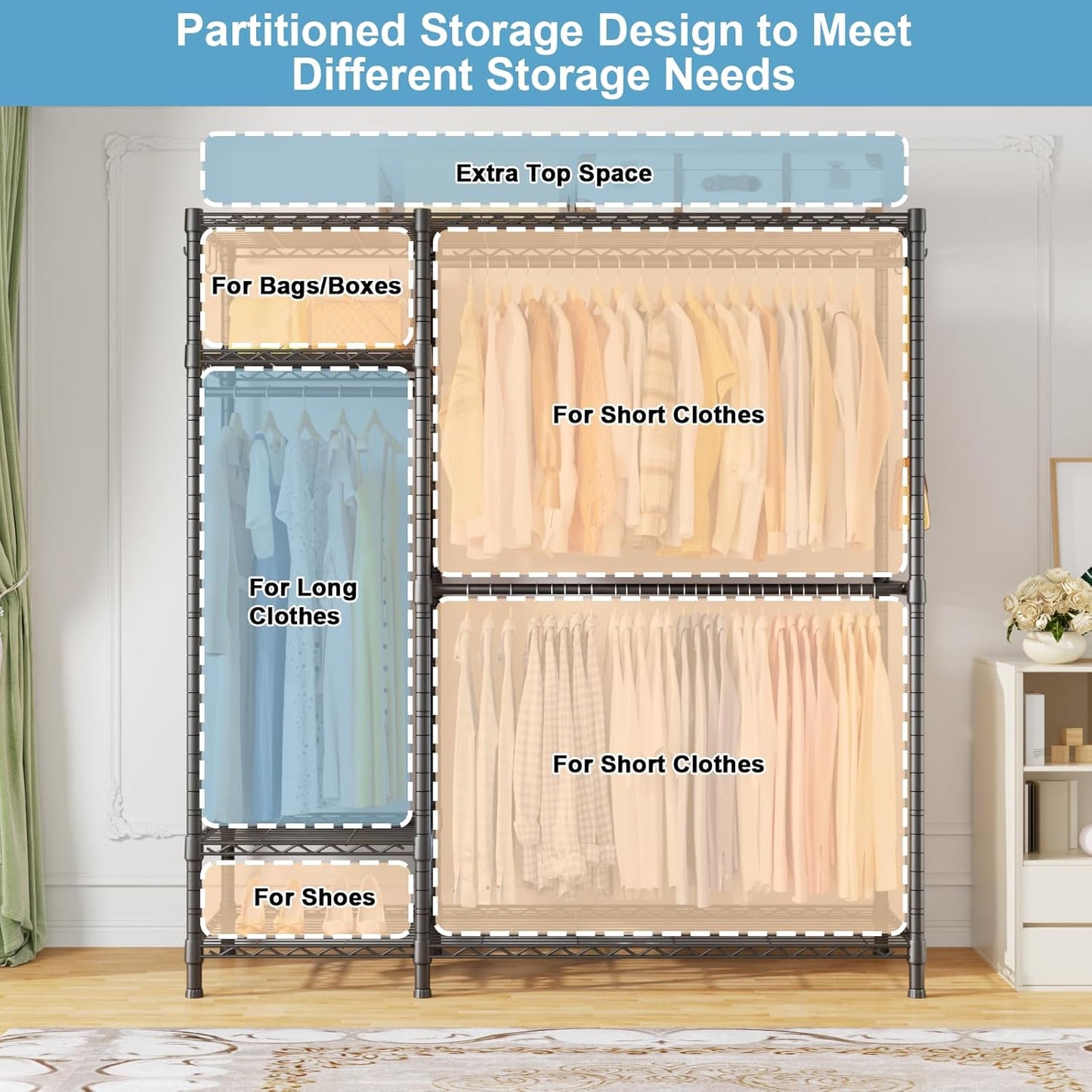 Ulif F7 Garment Rack, Heavy Duty Clothes Rack, Clothing Racks for Hanging Clothes, 6-Tiers Freestanding Portable Closet Storage Rack 58'' W × 14.6'' D × 76.6'' H, Max Load 800 Lbs, Black