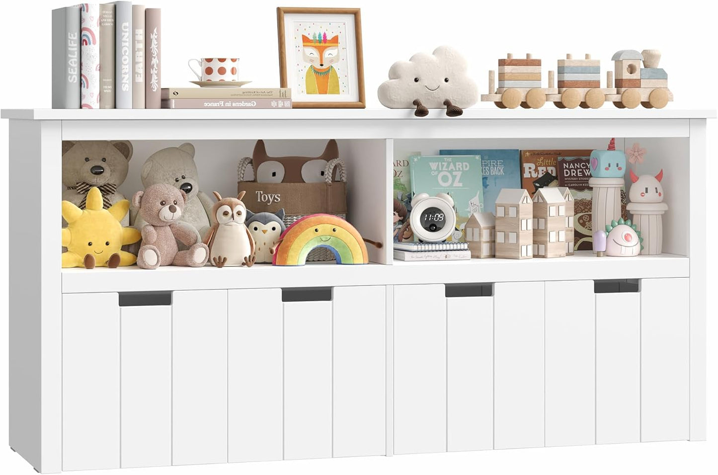 Toy Storage Organizer, Toy Organizers and Storage with Hidden Wheel, Small Bookcase and Bookshelf with 4 Movable Drawers, Playroom Organization and Storage for Living Room