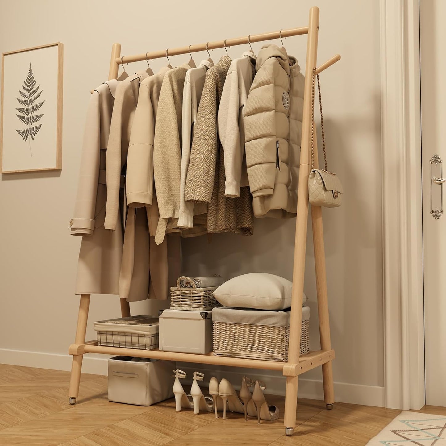 Solid Wood Clothing Rack, Rolling Clothes Rack for Hanging Clothes, Garment Rack with Shelves Load 350 Lbs, Portable Closet Organizer on Wheels for Hanging Clothes (Walnut)