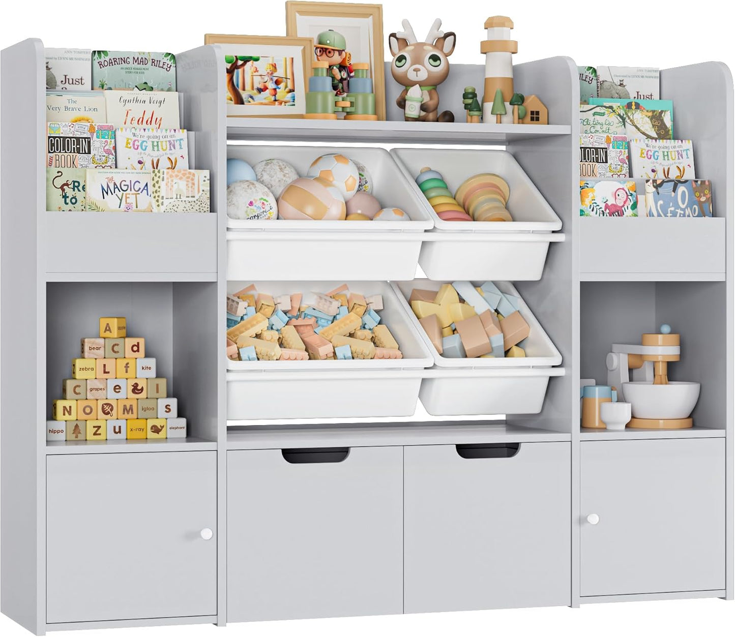 FINETONES 50'' Large Toy Storage Organizer with 4 Toy Bins, 6 Storage Cubbies and 2 Movable Drawers, Bookshelf for Kids, Playroom Organization and Bins, White