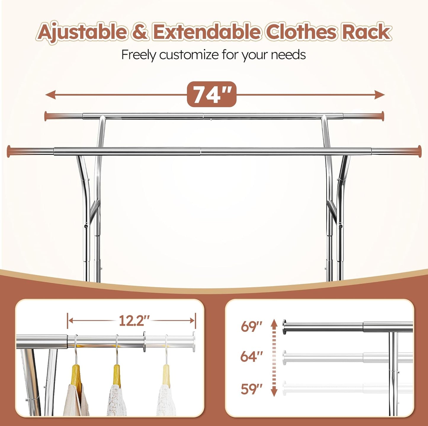 Raybee 74" W Clothes Rack, Clothing Rack, Double Rods Clothing Racks for Hanging Clothes, Load 441 LBS Heavy Duty Clothes Rack with Wheels, Adjustable Garment Rack Portable