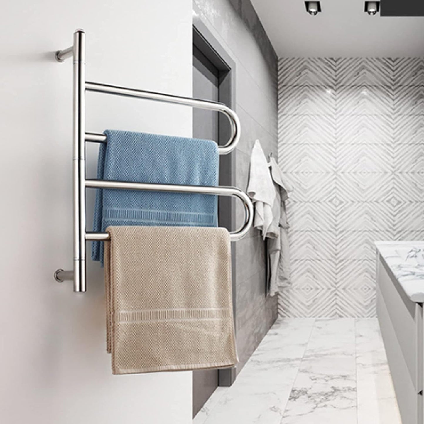 Swivel Electric Heated Towel Rack Wall Mounted Towel Warmer with 2 Folding Arm 304 Stainless Steel Heated Towel Rail Radiator Energy Efficient 55W,Plug in (Plug in)