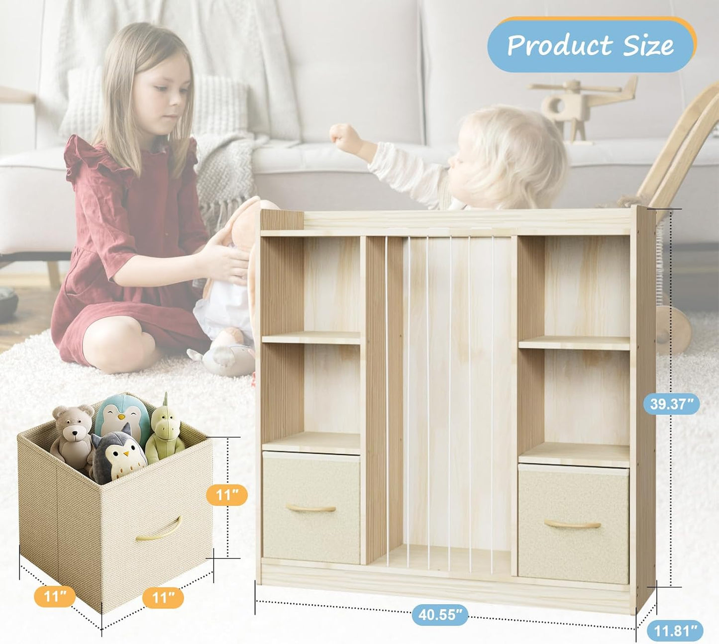 Toy Storage Organizer with Stuffed Animal Storage, Wooden Toy Organizer & Stuffed Animal Zoo, 6 Cubes Shelf with Removable Drawers, 4 -in-1 Book Shelf for Kids Room, Playroom, Nursery