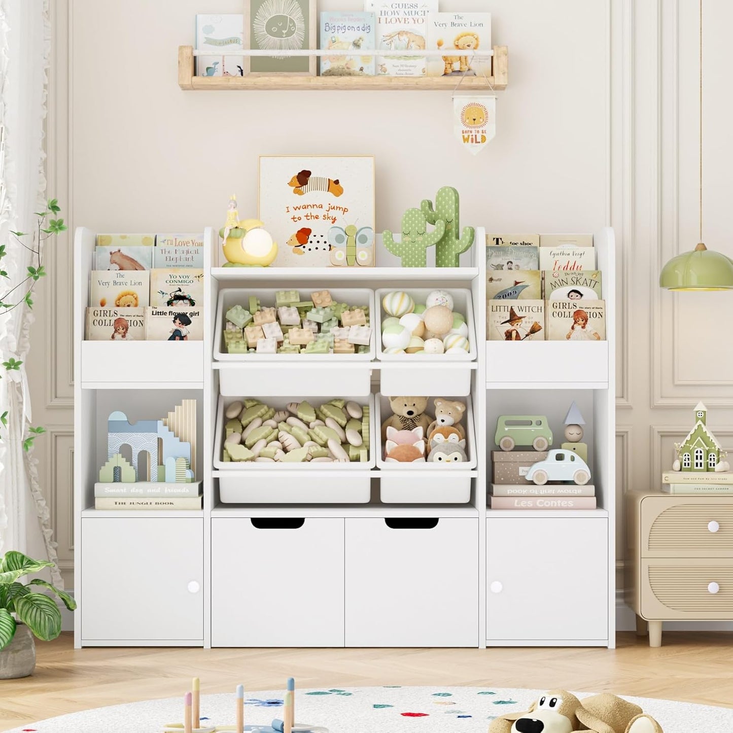 FINETONES 50'' Large Toy Storage Organizer with 4 Toy Bins, 6 Storage Cubbies and 2 Movable Drawers, Bookshelf for Kids, Playroom Organization and Bins, White