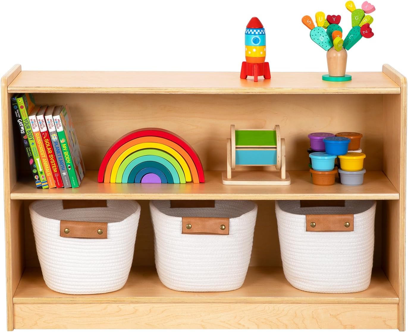 OOOK Montessori Bookshelf and Toy Storage Organizer, 2-Tier Horizontal Bookshelf, 5-Compartment Toy Storage Cabinet with Book Rack, Ideal Choice for Kids Classroom Organizer, Playroom and Daycare