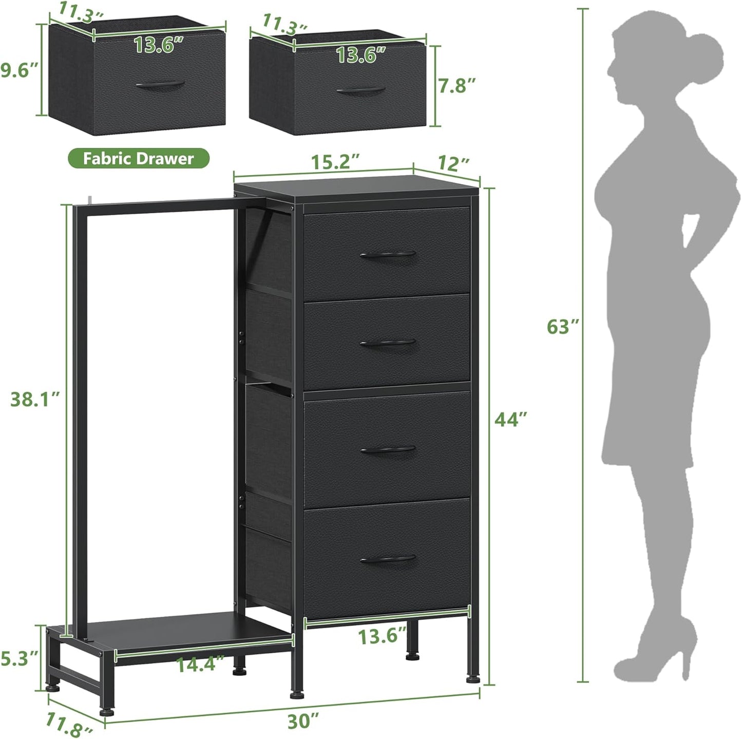 Dresser with Hanging Rack, 4 Drawers Small Closet for Bedroom, Reversible Fabric Kids Chest of Drawers with Clothes Rack, Tall Storage Tower, Sturdy Frame, Black, 44''H