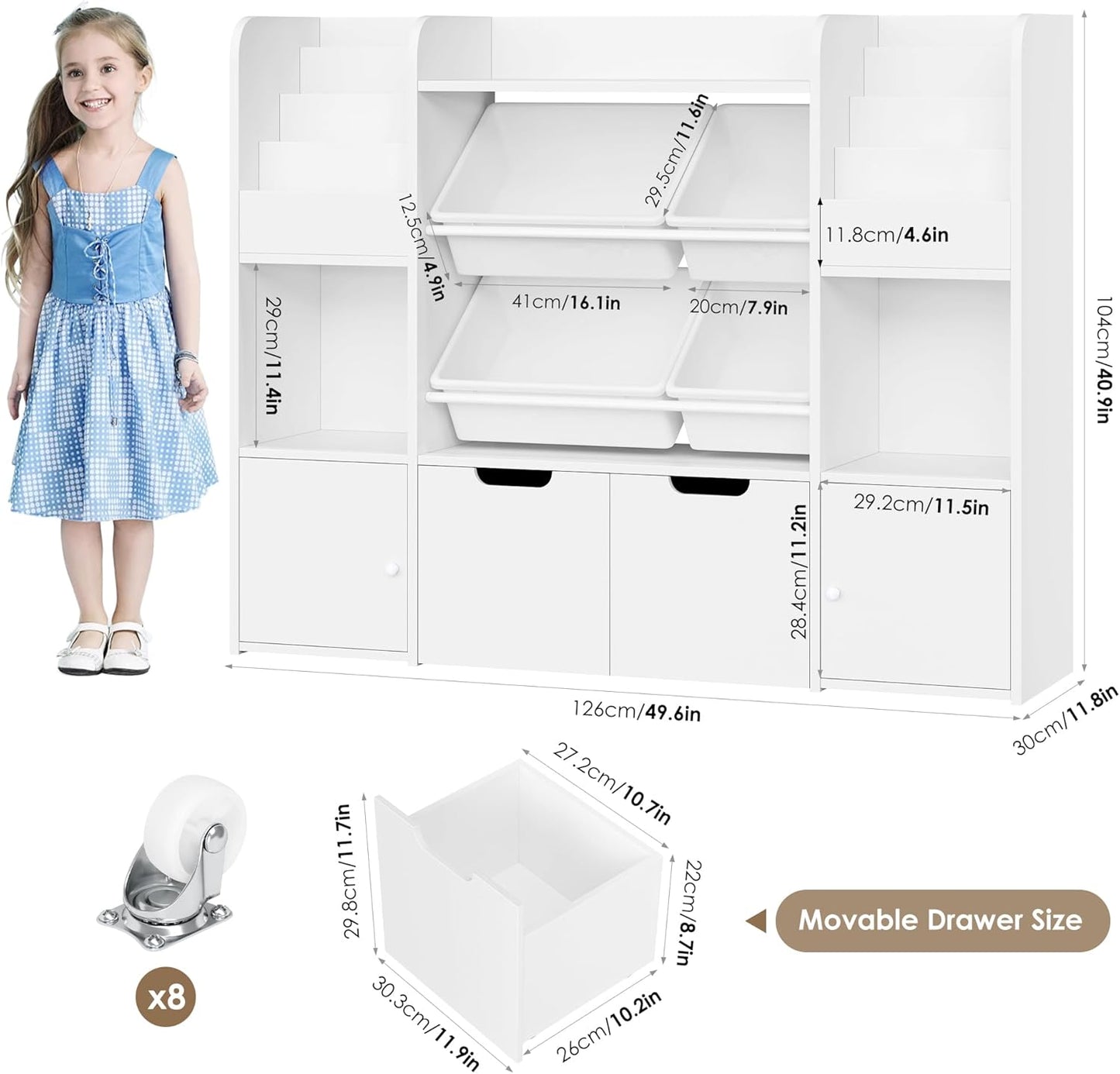 FINETONES 50'' Large Toy Storage Organizer with 4 Toy Bins, 6 Storage Cubbies and 2 Movable Drawers, Bookshelf for Kids, Playroom Organization and Bins, White