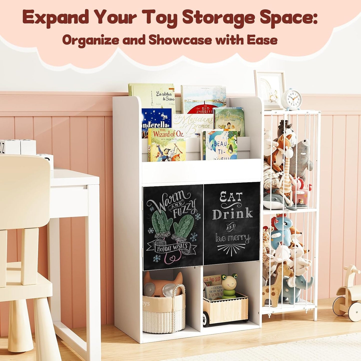 Multifunctional Kid Bookshelf and Toy Storage Organizer W/4 Storage Cubbies& Chalkboards, 4 in 1 39.5" Tall 3-Tier Bookshelf for Kids with 4 Tier Stuffed Animal Net for Kids Rooms, Bedroom,Playroom