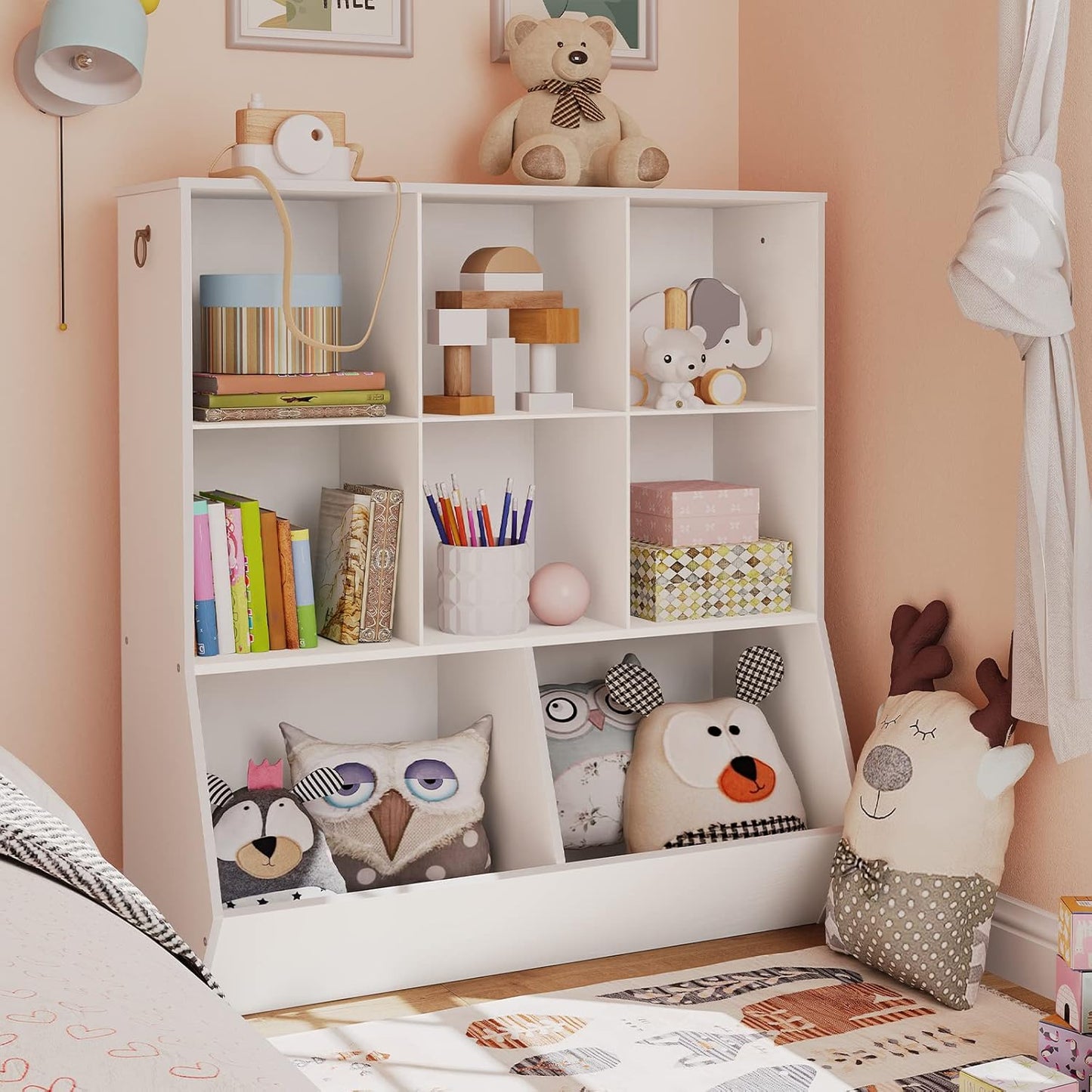 HOOBRO Kids Bookshelf, Toy Storage Cabinet, Kids Toy Organizer 8 Cubicles, Bookcase Footboard, Bookshelf for Kids, for Playroom, Nursery, Bedroom, and School, White WT35CW01G1