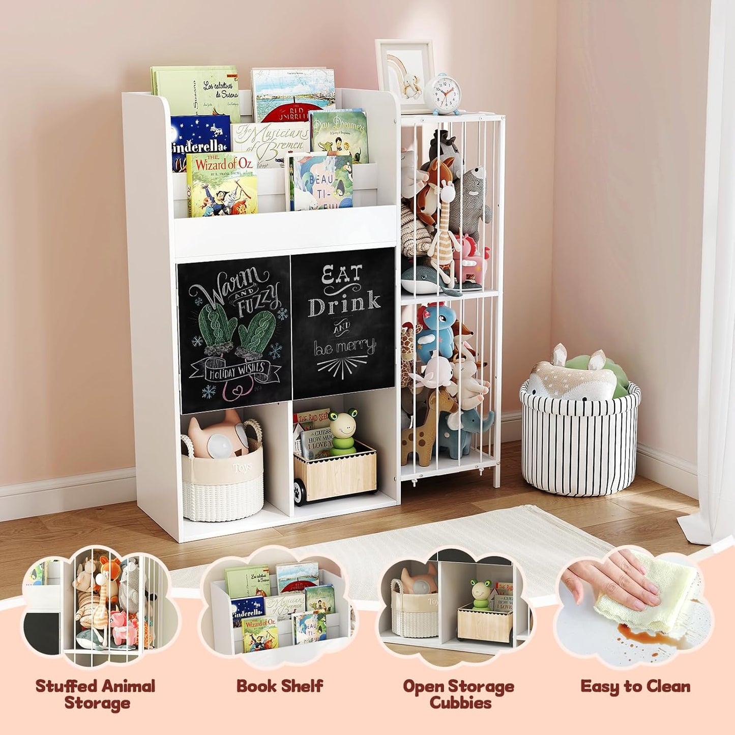 Multifunctional Kid Bookshelf and Toy Storage Organizer W/4 Storage Cubbies& Chalkboards, 4 in 1 39.5" Tall 3-Tier Bookshelf for Kids with 4 Tier Stuffed Animal Net for Kids Rooms, Bedroom,Playroom