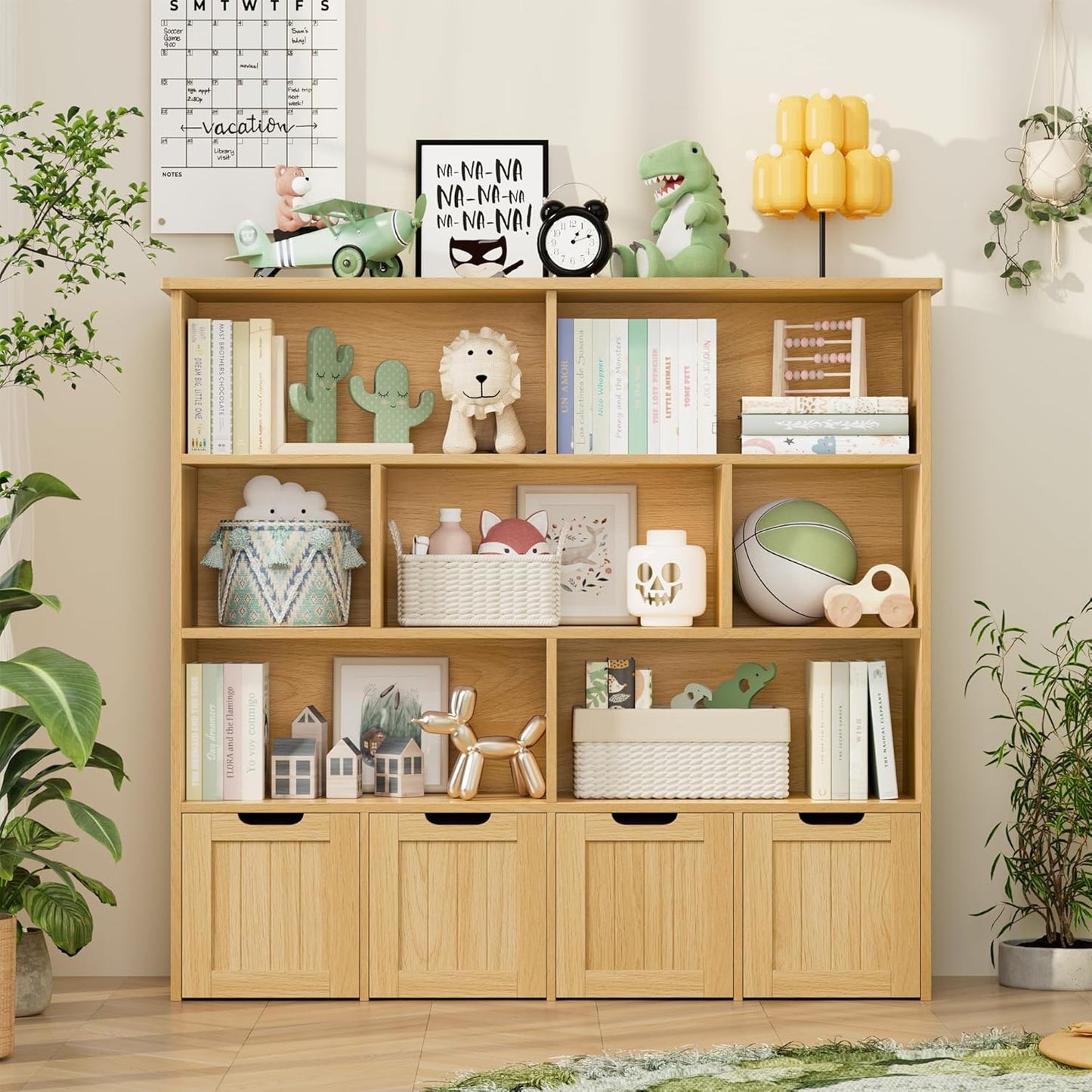 FINETONES Toy Storage Organizer, Kids Bookshelf with 4 Movable Chests and 7 Storage Cubes, Toy Chest Storage with Hidden Wheels, Toy Organizers and Toy Storage, White