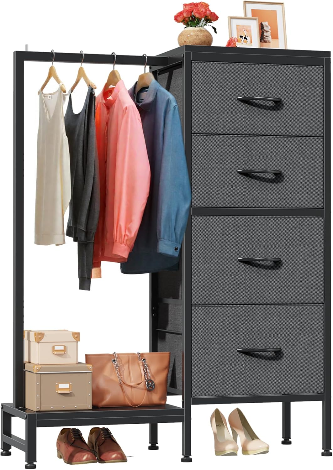 Dresser with Hanging Rack, 4 Drawers Small Closet for Bedroom, Reversible Fabric Kids Chest of Drawers with Clothes Rack, Tall Storage Tower, Sturdy Frame, Black, 44''H