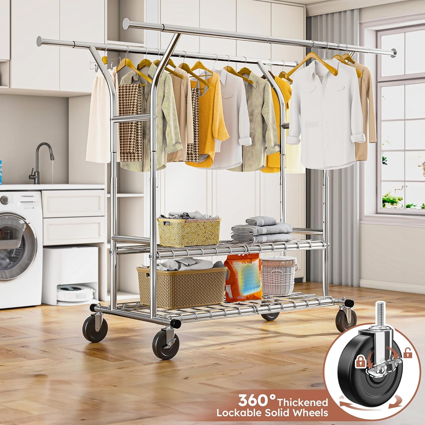 Raybee 74" W Clothes Rack, Clothing Rack, Double Rods Clothing Racks for Hanging Clothes, Load 441 LBS Heavy Duty Clothes Rack with Wheels, Adjustable Garment Rack Portable