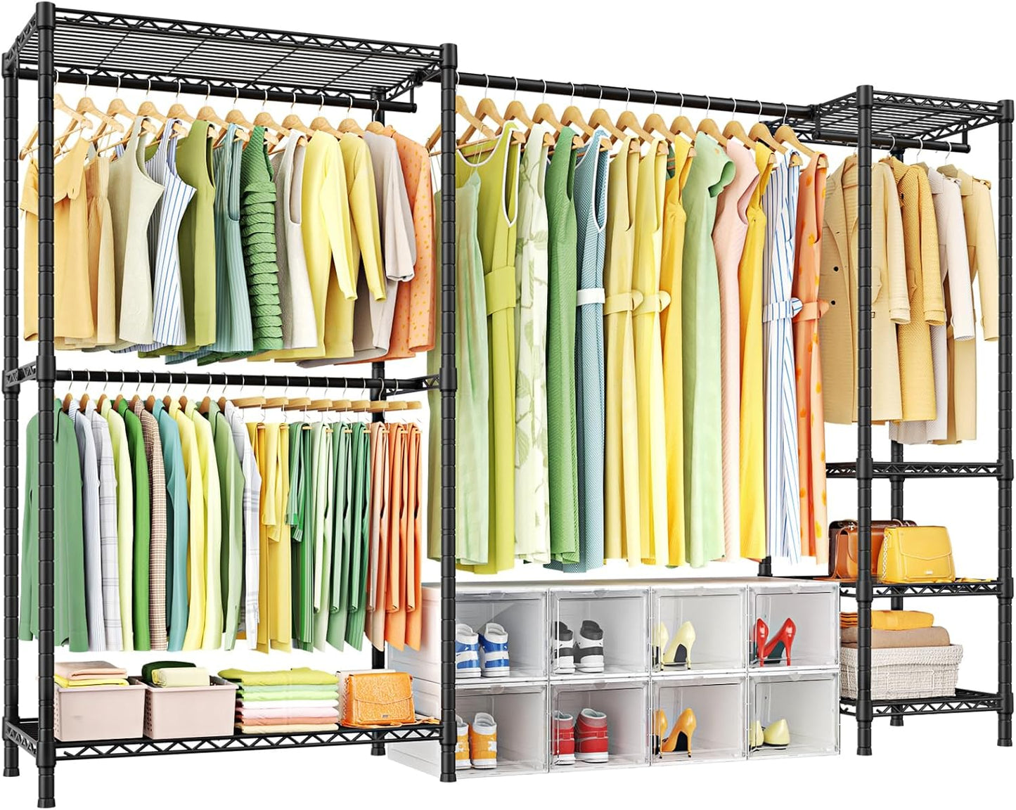 Ulif E10 Clothes Rack(With Stretchable Hanger Rod)Freestanding Clothing Racks for Hanging Clothes,Adjustable Closet Organizer System,Portable Garment Rack 73-97"W x 15" D x 72" H,Max Load 800LBS,Black