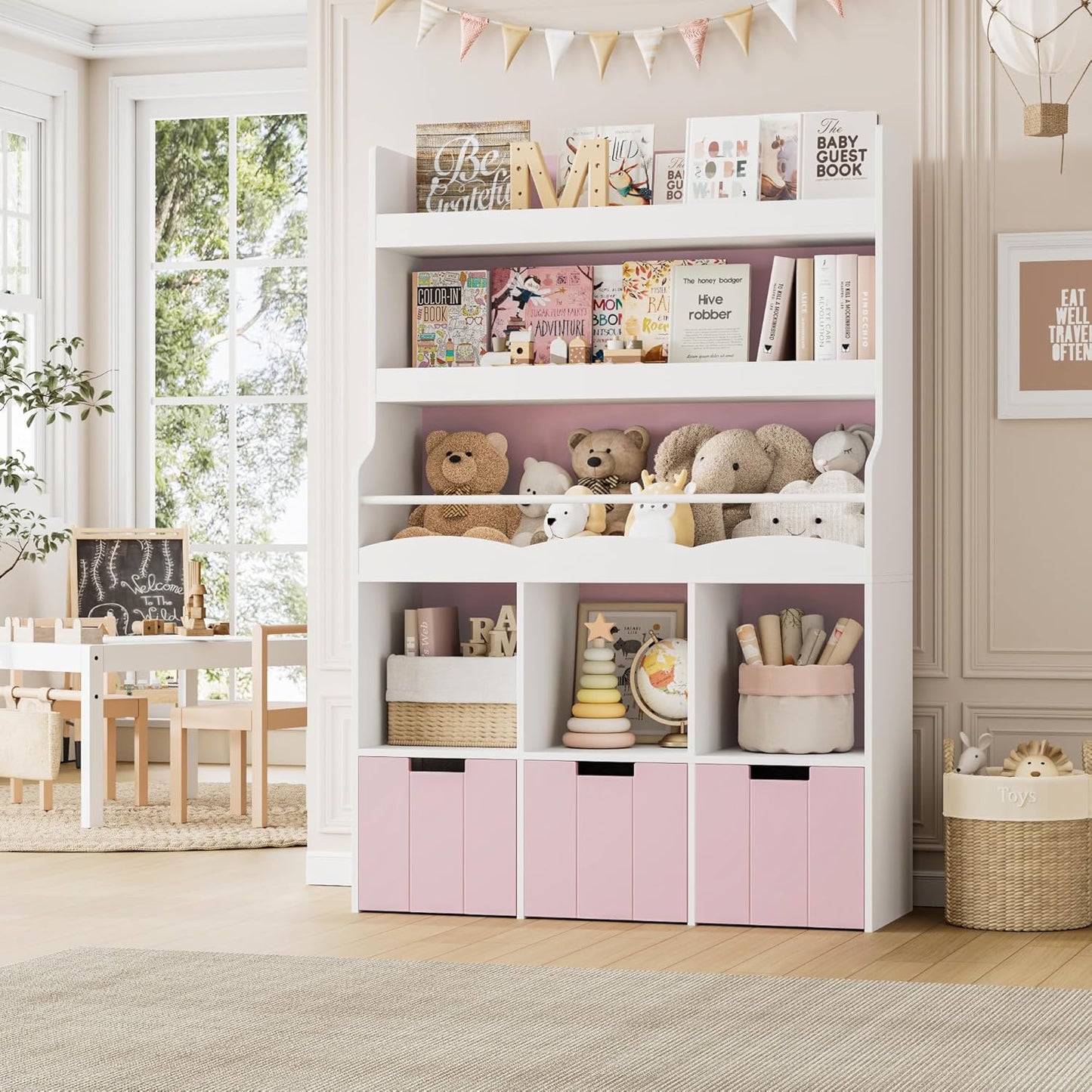 HITHOS 55.3" H Kids Bookshelf with Toy Storage Organizer, Tall Book Shelf with 3 Movable Toy Storage Bins, Large Kids Bookcase with Toy Chest, 39.2" W Modern Toy Box for Kid Room, Playroom, White