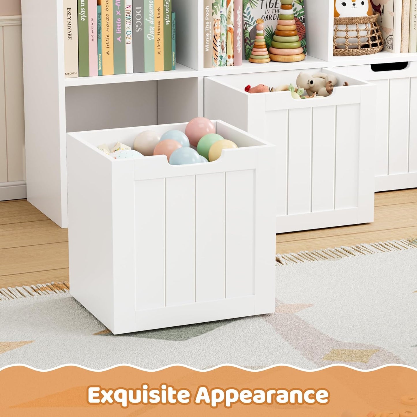 FOTOSOK Toy Storage Organizer with 3 Movable Drawers, Toy Organizer with Hidden Wheels and 5 Open Cubbies, Multifunctional Floor Storage Chest for Playroom, White