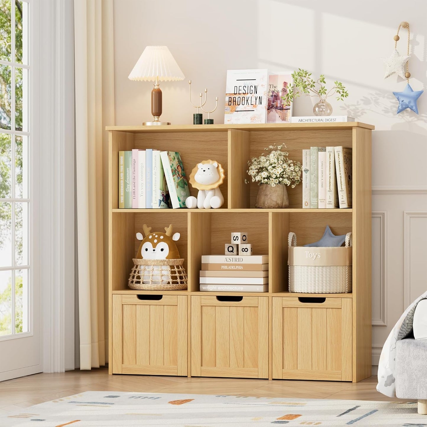 FOTOSOK Toy Storage Organizer with 3 Movable Drawers, Toy Organizer with Hidden Wheels and 5 Open Cubbies, Multifunctional Floor Storage Chest for Playroom, White
