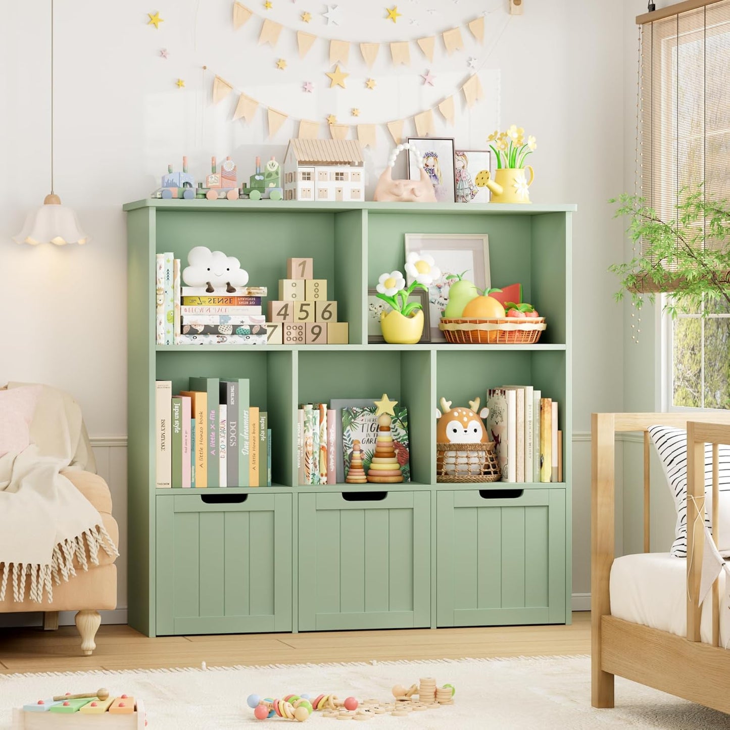 FOTOSOK Toy Storage Organizer with 3 Movable Drawers, Toy Organizer with Hidden Wheels and 5 Open Cubbies, Multifunctional Floor Storage Chest for Playroom, White