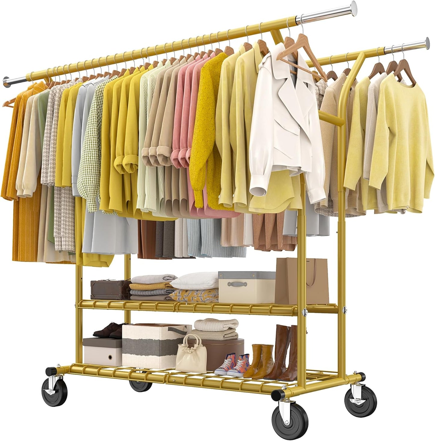 Raybee 74" W Clothes Rack, Clothing Rack, Double Rods Clothing Racks for Hanging Clothes, Load 441 LBS Heavy Duty Clothes Rack with Wheels, Adjustable Garment Rack Portable