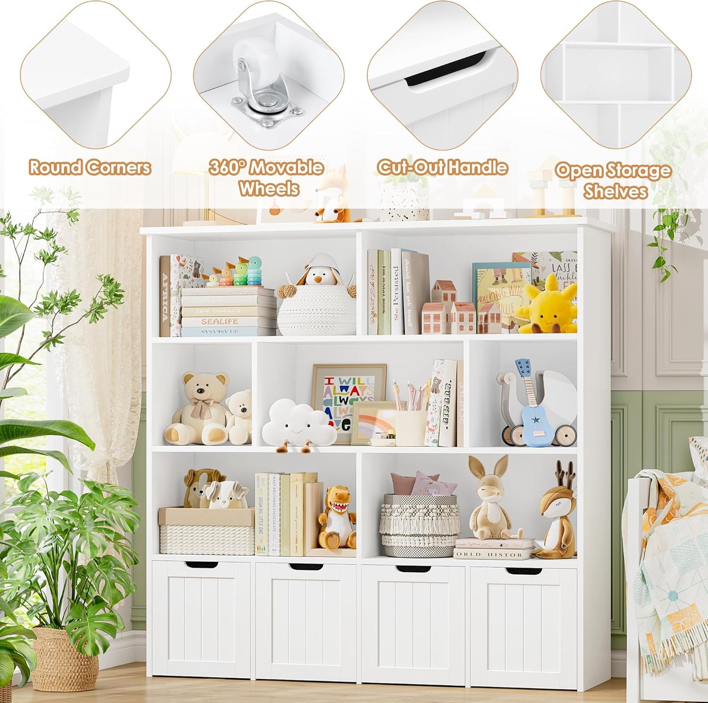FINETONES Toy Storage Organizer, Kids Bookshelf with 4 Movable Chests and 7 Storage Cubes, Toy Chest Storage with Hidden Wheels, Toy Organizers and Toy Storage, White