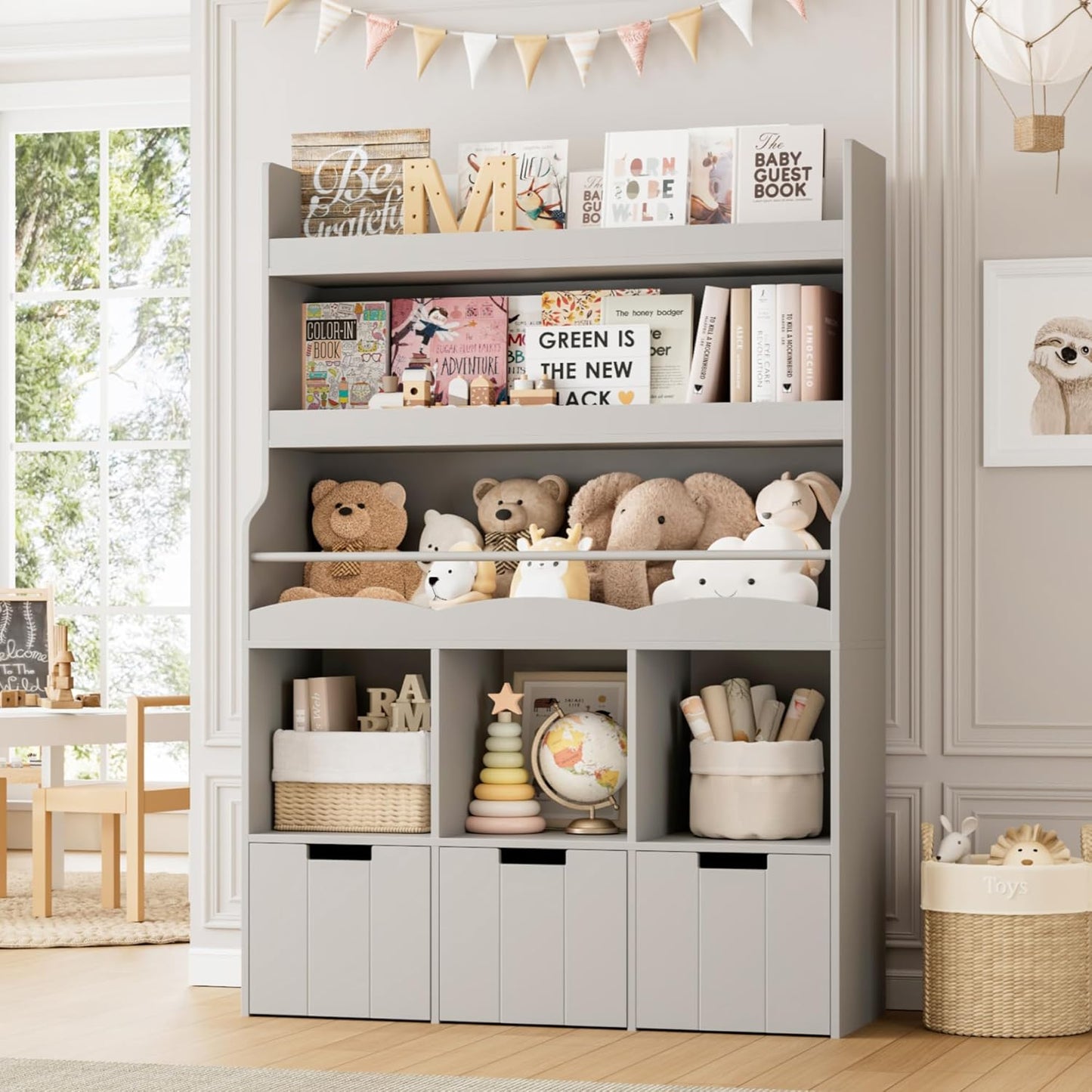 HITHOS 55.3" H Kids Bookshelf with Toy Storage Organizer, Tall Book Shelf with 3 Movable Toy Storage Bins, Large Kids Bookcase with Toy Chest, 39.2" W Modern Toy Box for Kid Room, Playroom, White