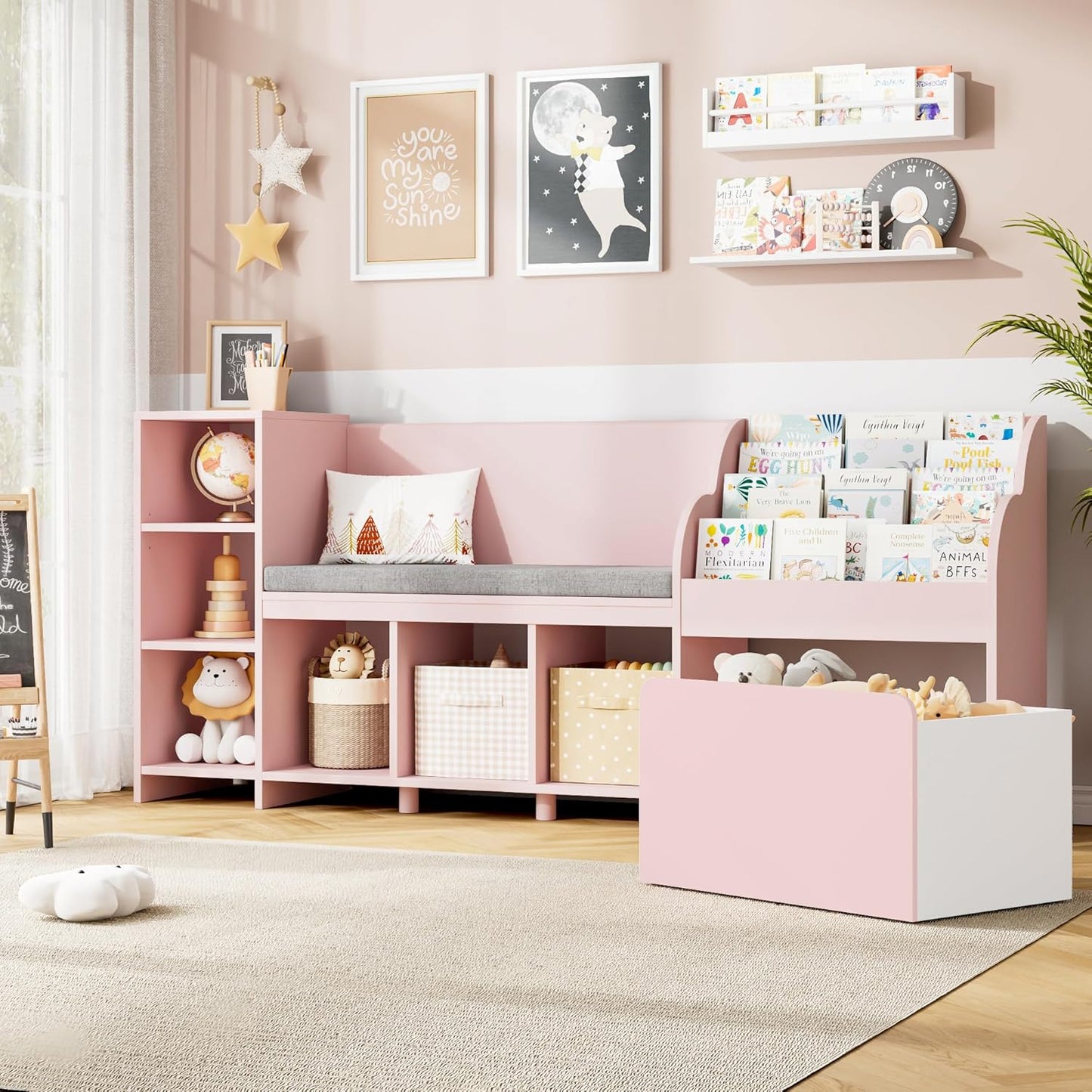HOSTACK 67" Kids Reading Nook with Bench, Kids Bookshelf and Bookcase with Seat Cushion and 6 Storage Cubbies, Toy Storage Box on Wheels, Toy Chest for Playroom, Bedroom, School, White