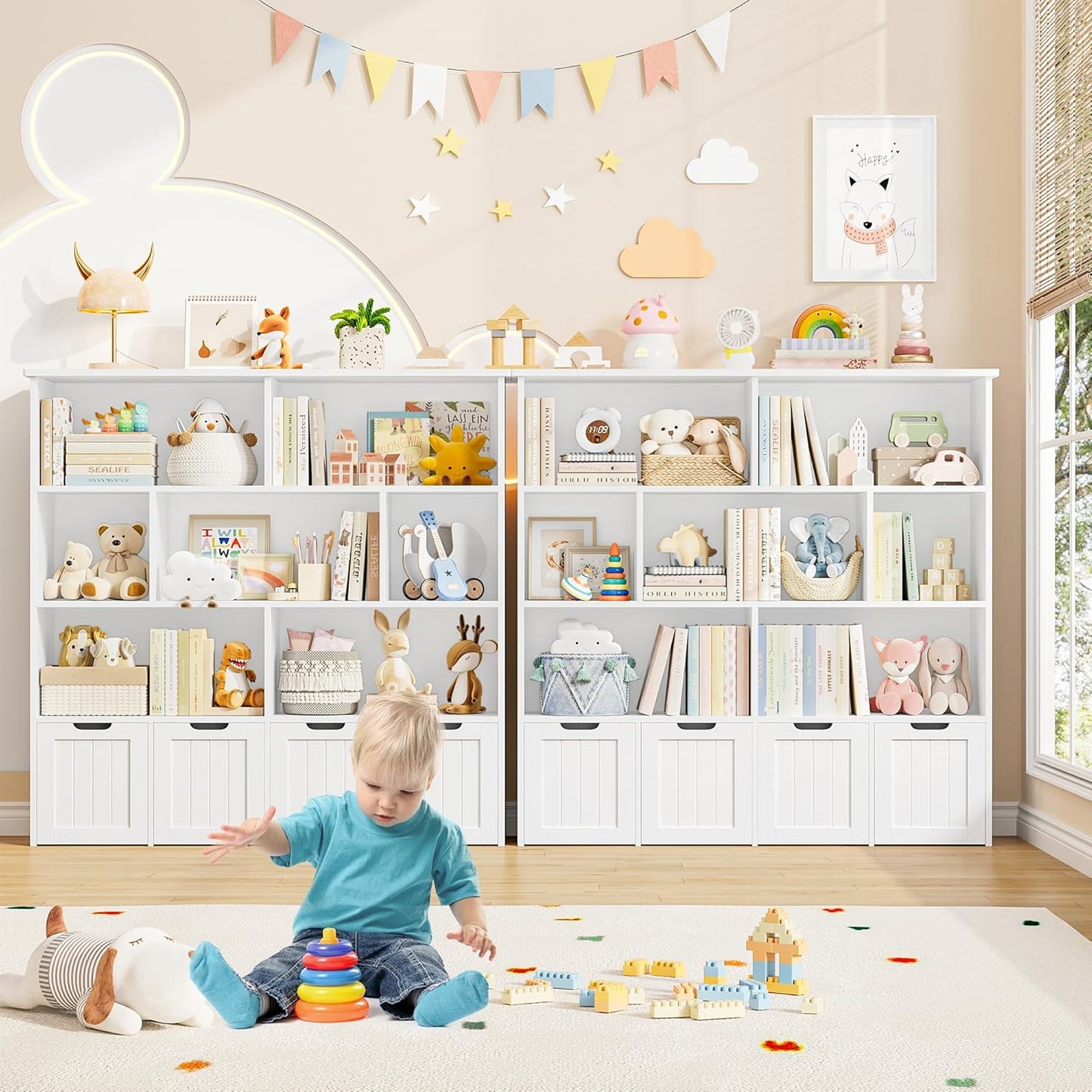 FINETONES Toy Storage Organizer, Kids Bookshelf with 4 Movable Chests and 7 Storage Cubes, Toy Chest Storage with Hidden Wheels, Toy Organizers and Toy Storage, White