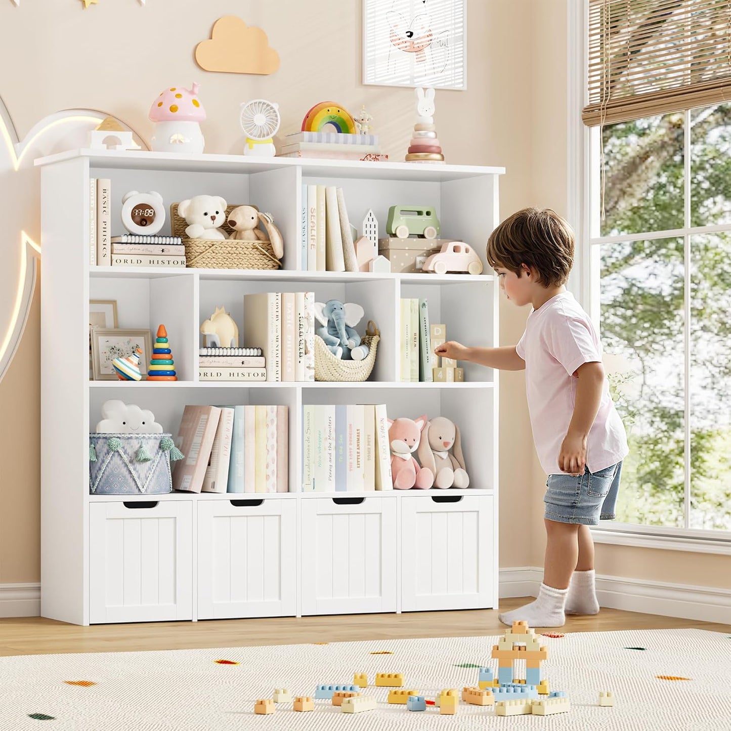 FINETONES Toy Storage Organizer, Kids Bookshelf with 4 Movable Chests and 7 Storage Cubes, Toy Chest Storage with Hidden Wheels, Toy Organizers and Toy Storage, White