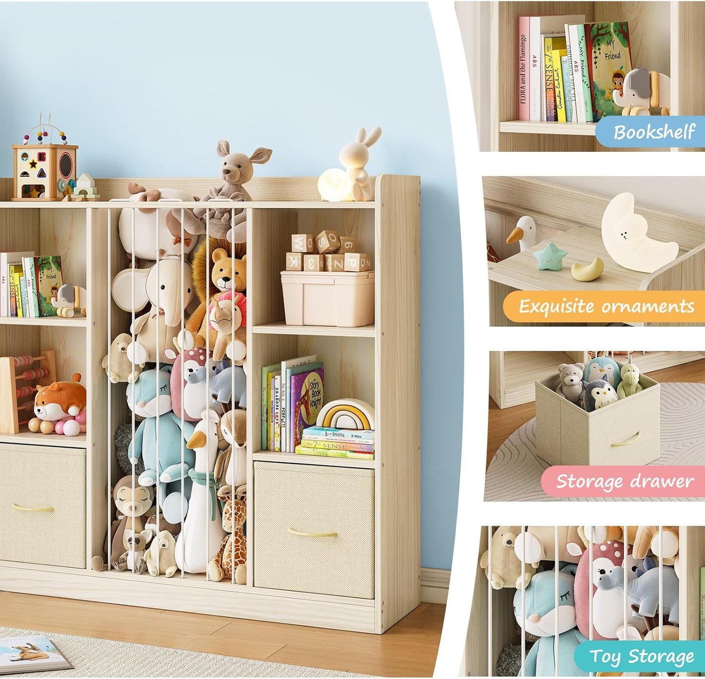 Toy Storage Organizer with Stuffed Animal Storage, Wooden Toy Organizer & Stuffed Animal Zoo, 6 Cubes Shelf with Removable Drawers, 4 -in-1 Book Shelf for Kids Room, Playroom, Nursery