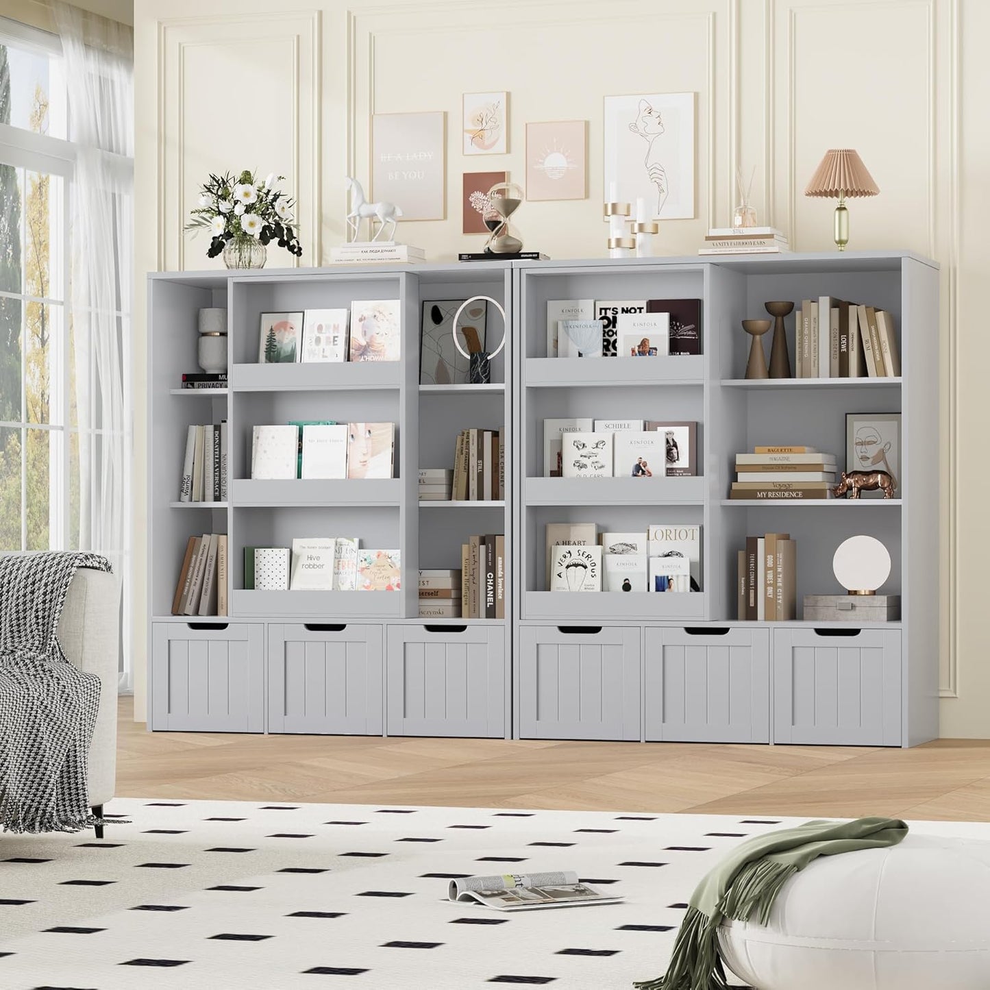 FOTOSOK Toy Storage Organizer with Sliding Book Shelf, Toy Organizers and Storage with 3 Movable Drawers and 6 Storage Cubbies, Playroom Organization and Storage Kids Bookshelf for Playroom, Bedroom