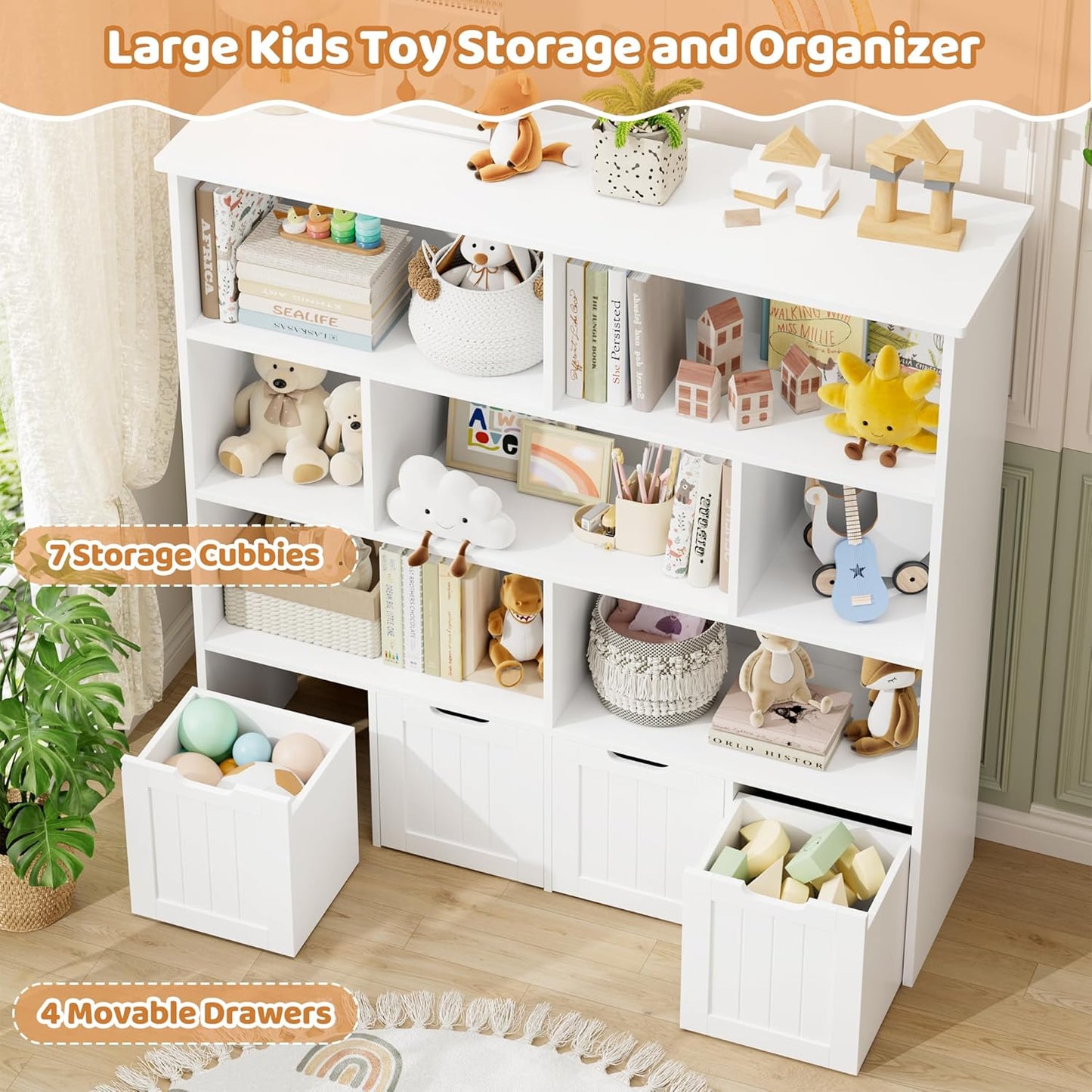 FINETONES Toy Storage Organizer, Kids Bookshelf with 4 Movable Chests and 7 Storage Cubes, Toy Chest Storage with Hidden Wheels, Toy Organizers and Toy Storage, White