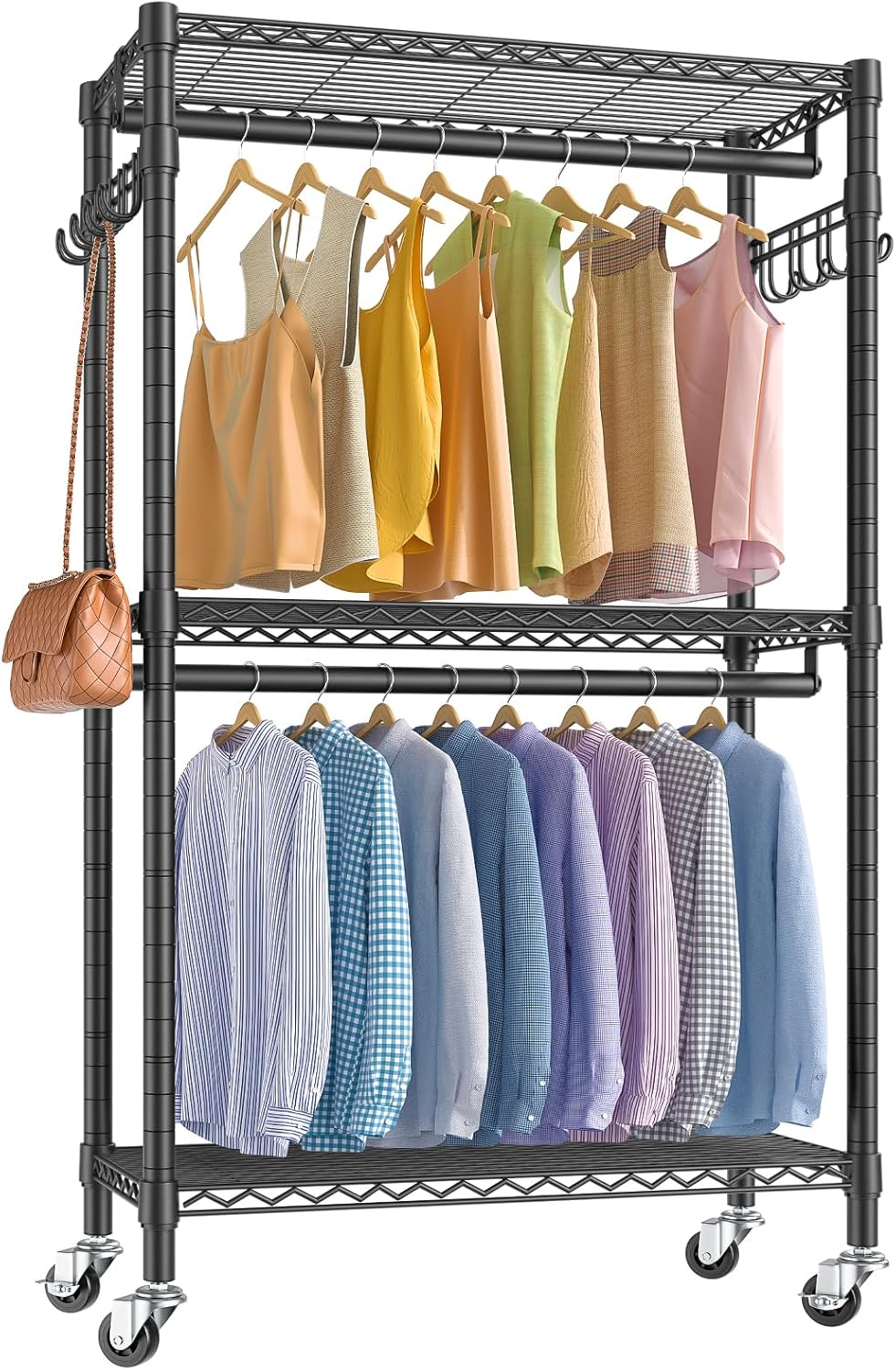 VIPEK R2 Plus Heavy Duty Rolling Garment Rack 3 Tiers Adjustable Wire Shelving Clothes Rack with Double Rods and Side Hooks, Freestanding Wardrobe Storage Rack Metal Clothing Rack, Black