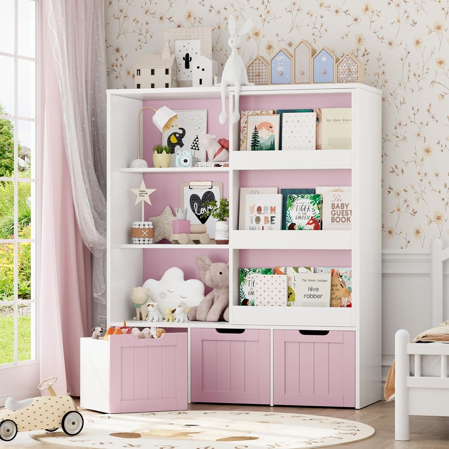 FOTOSOK Toy Storage Organizer with Sliding Book Shelf, Toy Organizers and Storage with 3 Movable Drawers and 6 Storage Cubbies, Playroom Organization and Storage Kids Bookshelf for Playroom, Bedroom