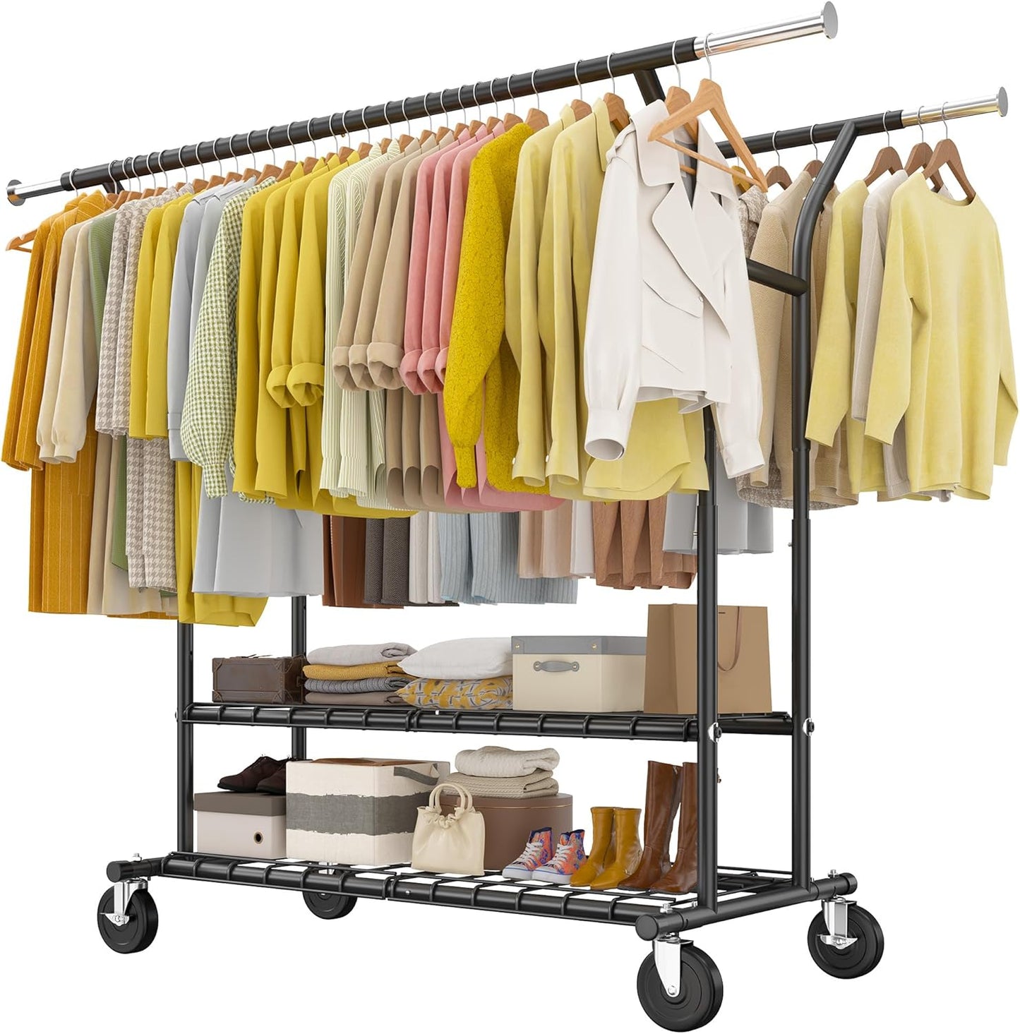 Raybee 74" W Clothes Rack, Clothing Rack, Double Rods Clothing Racks for Hanging Clothes, Load 441 LBS Heavy Duty Clothes Rack with Wheels, Adjustable Garment Rack Portable