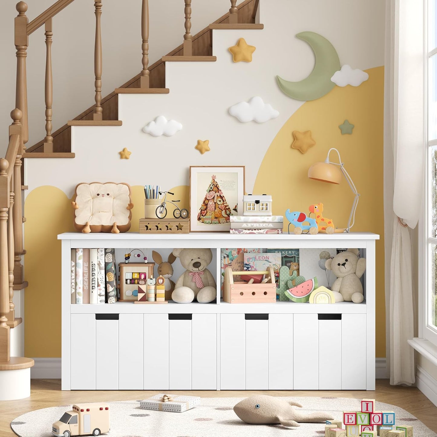Toy Storage Organizer, Toy Organizers and Storage with Hidden Wheel, Small Bookcase and Bookshelf with 4 Movable Drawers, Playroom Organization and Storage for Living Room
