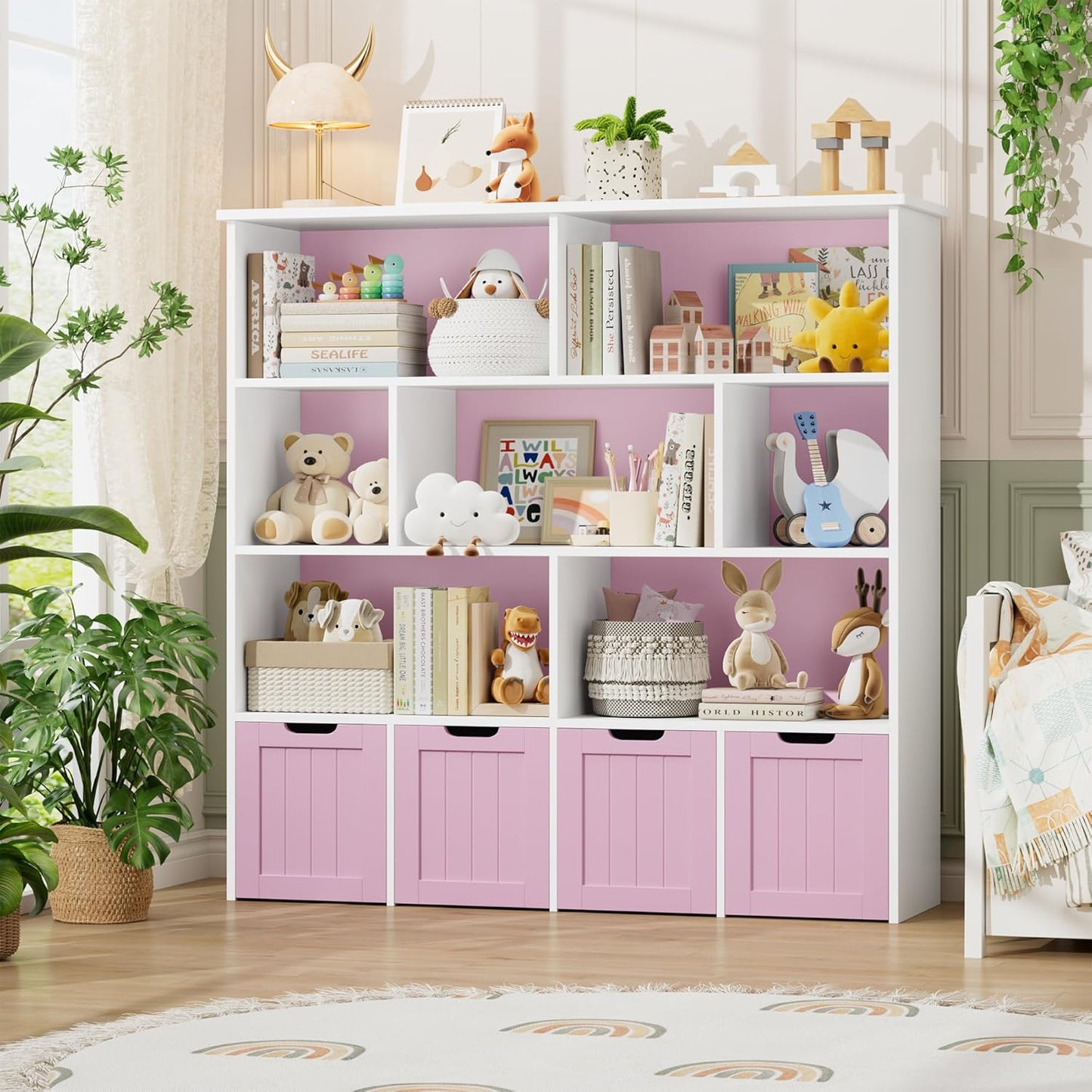 FINETONES Toy Storage Organizer, Kids Bookshelf with 4 Movable Chests and 7 Storage Cubes, Toy Chest Storage with Hidden Wheels, Toy Organizers and Toy Storage, White