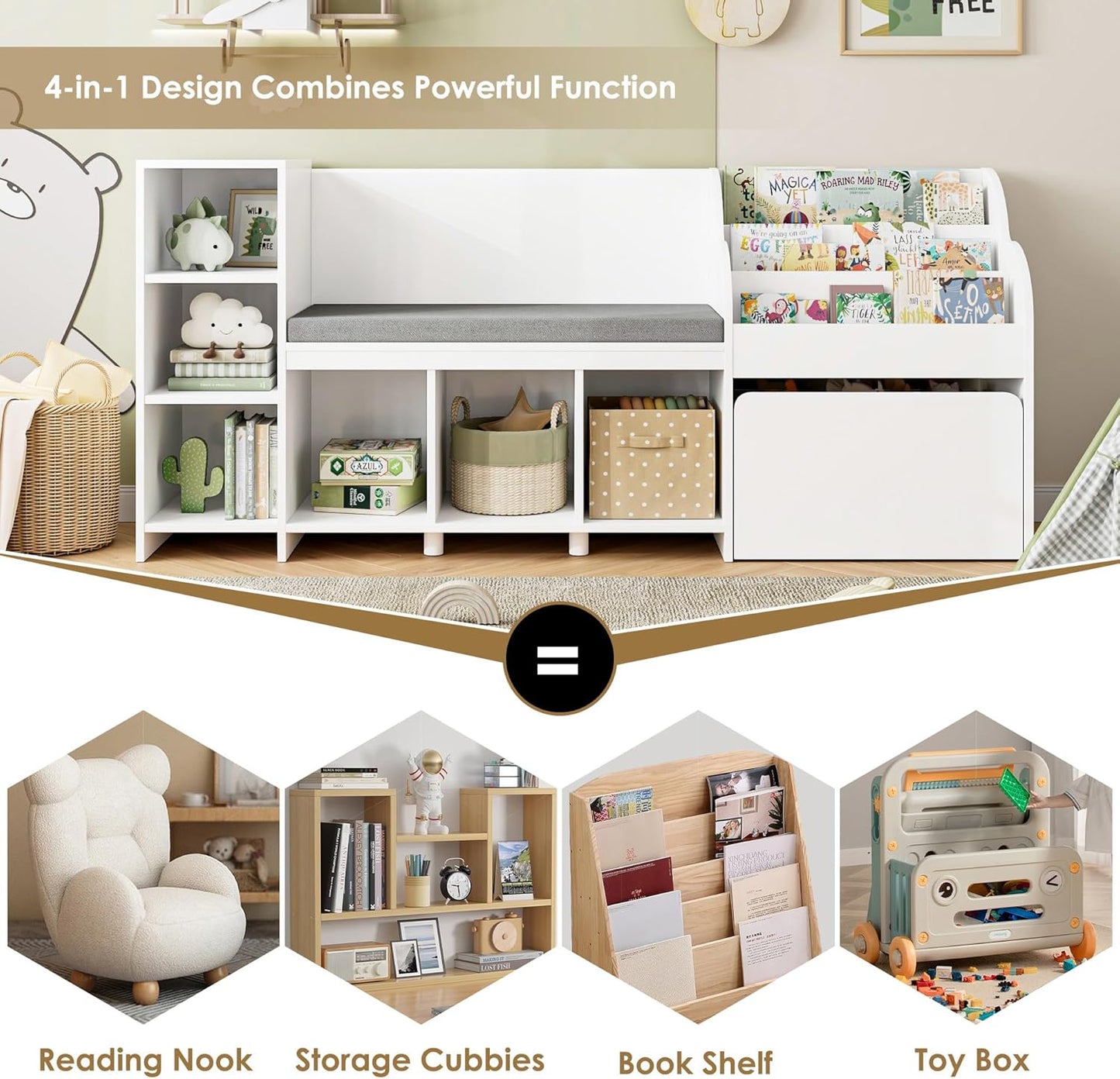 HOSTACK 67" Kids Reading Nook with Bench, Kids Bookshelf and Bookcase with Seat Cushion and 6 Storage Cubbies, Toy Storage Box on Wheels, Toy Chest for Playroom, Bedroom, School, White