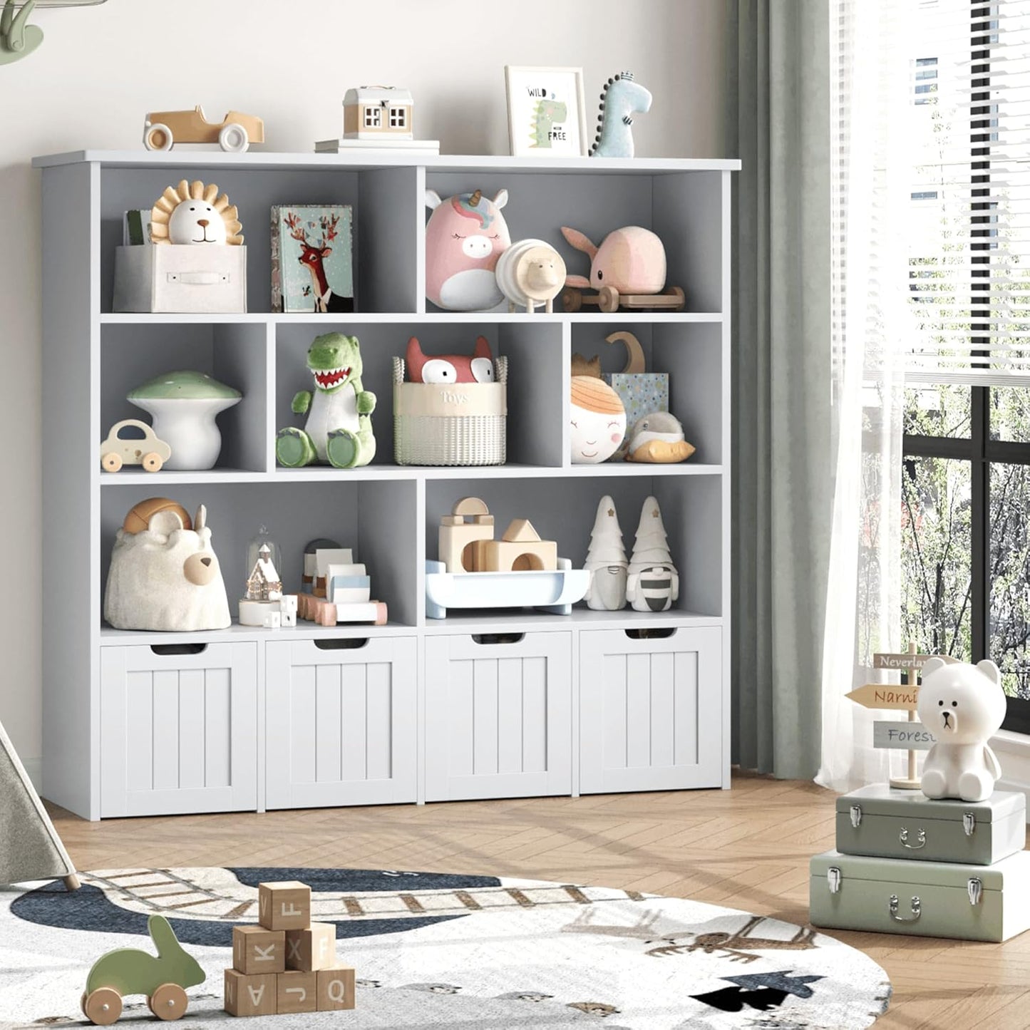 FINETONES Toy Storage Organizer, Kids Bookshelf with 4 Movable Chests and 7 Storage Cubes, Toy Chest Storage with Hidden Wheels, Toy Organizers and Toy Storage, White
