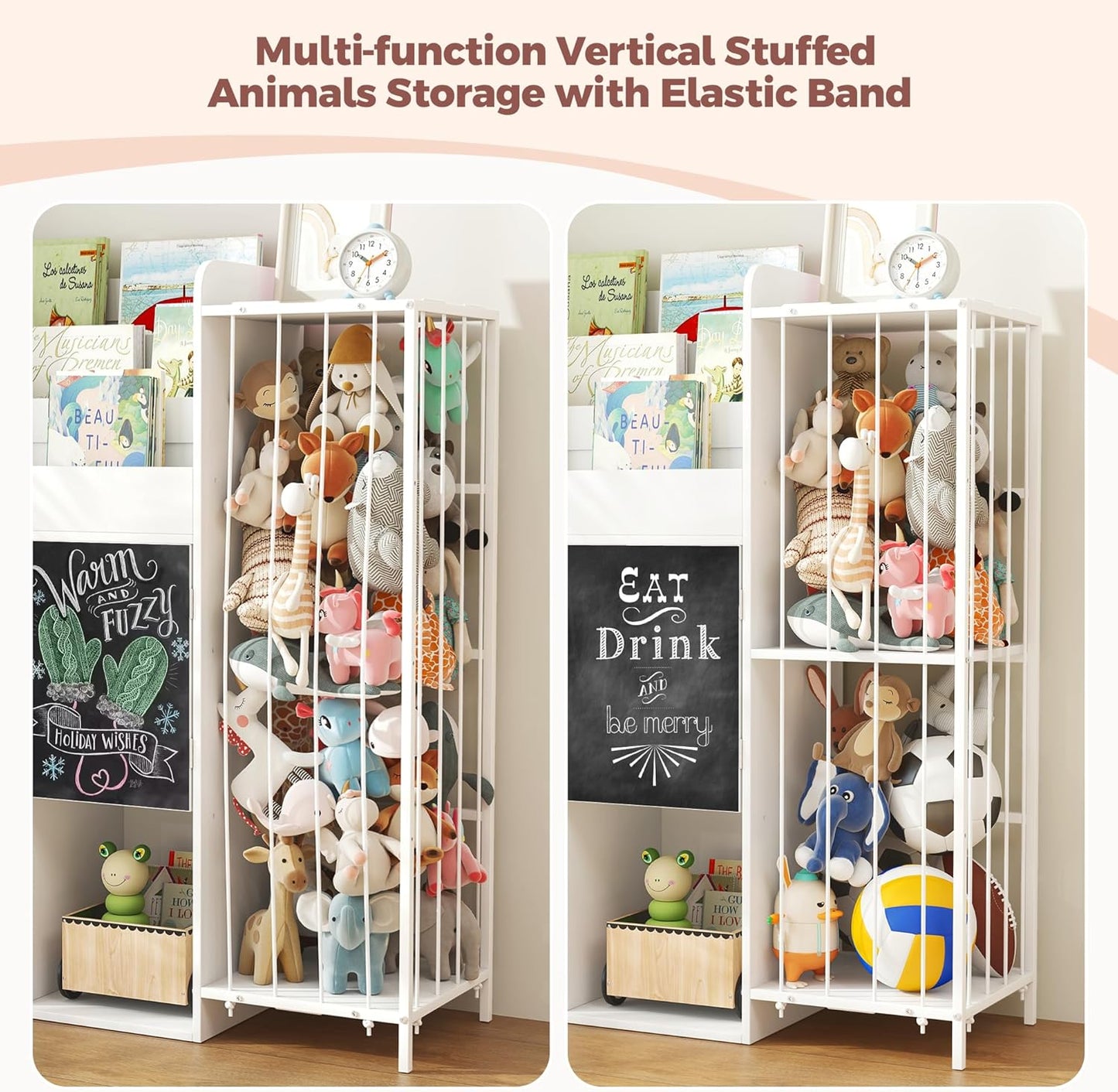 Multifunctional Kid Bookshelf and Toy Storage Organizer W/4 Storage Cubbies& Chalkboards, 4 in 1 39.5" Tall 3-Tier Bookshelf for Kids with 4 Tier Stuffed Animal Net for Kids Rooms, Bedroom,Playroom