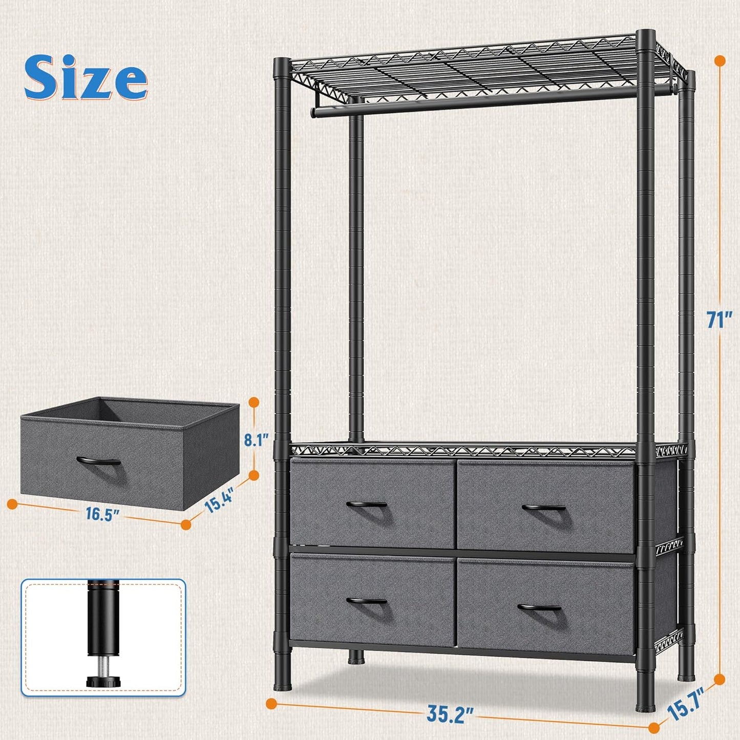 Raybee Clothing Rack Heavy Duty Clothes Rack for Hanging Clothes Adjustable Wardrobe Closet with 4 Drawers Freestanding Garment Rack for Extra Closet Space, Black