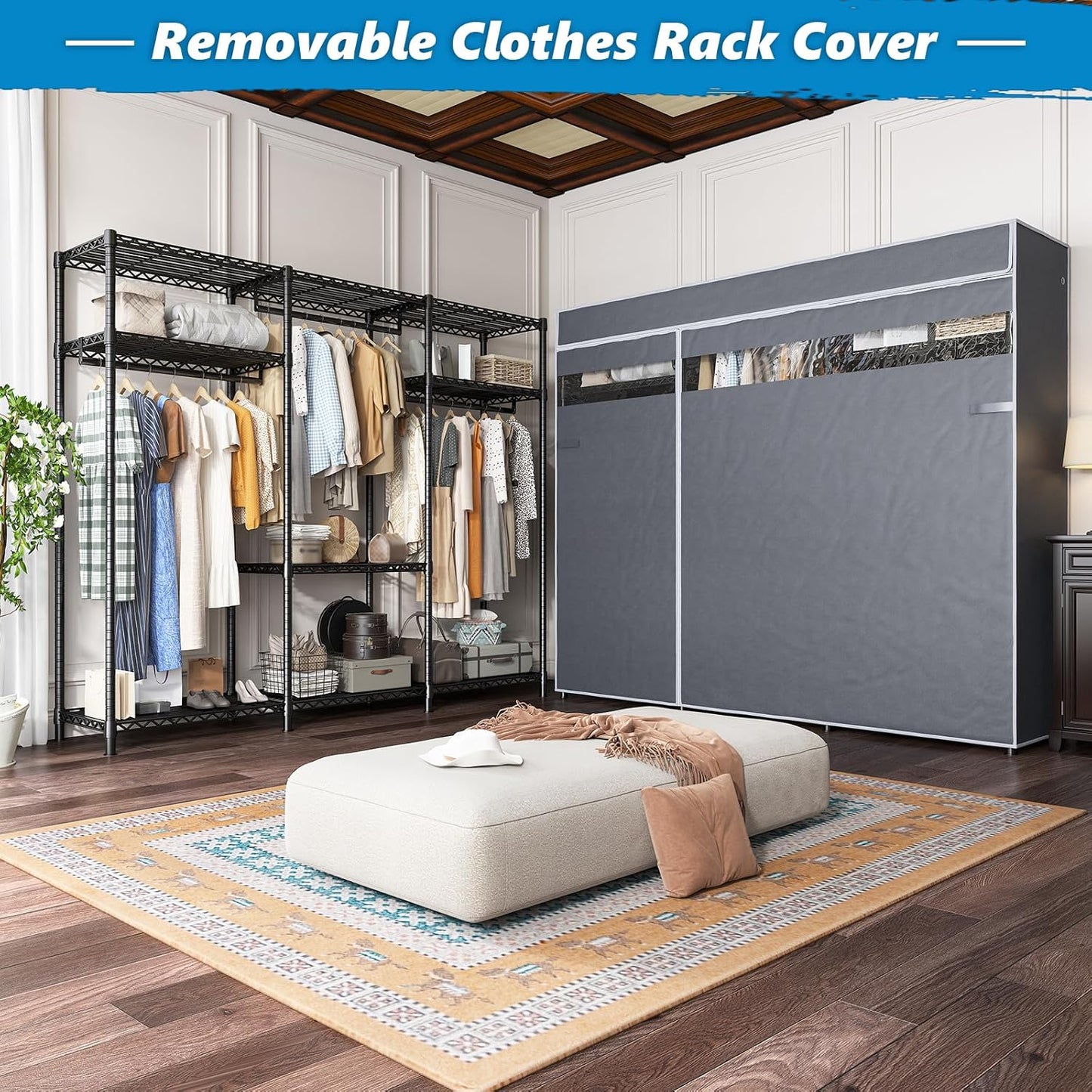 Raybee Heavy Duty Clothes Rack with Cover 800 LBS Clothing Racks for Hanging Clothes Portable Closet for Bedroom 56" Wx 16" Dx75.5 H